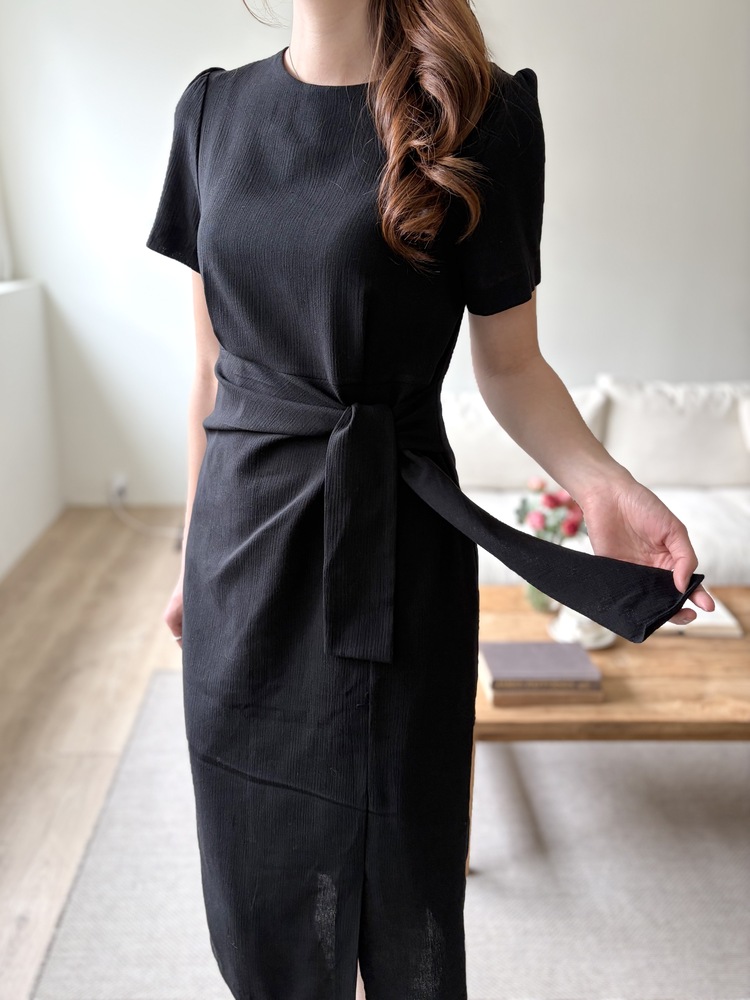 Elise Draped Slit Dress (Black)