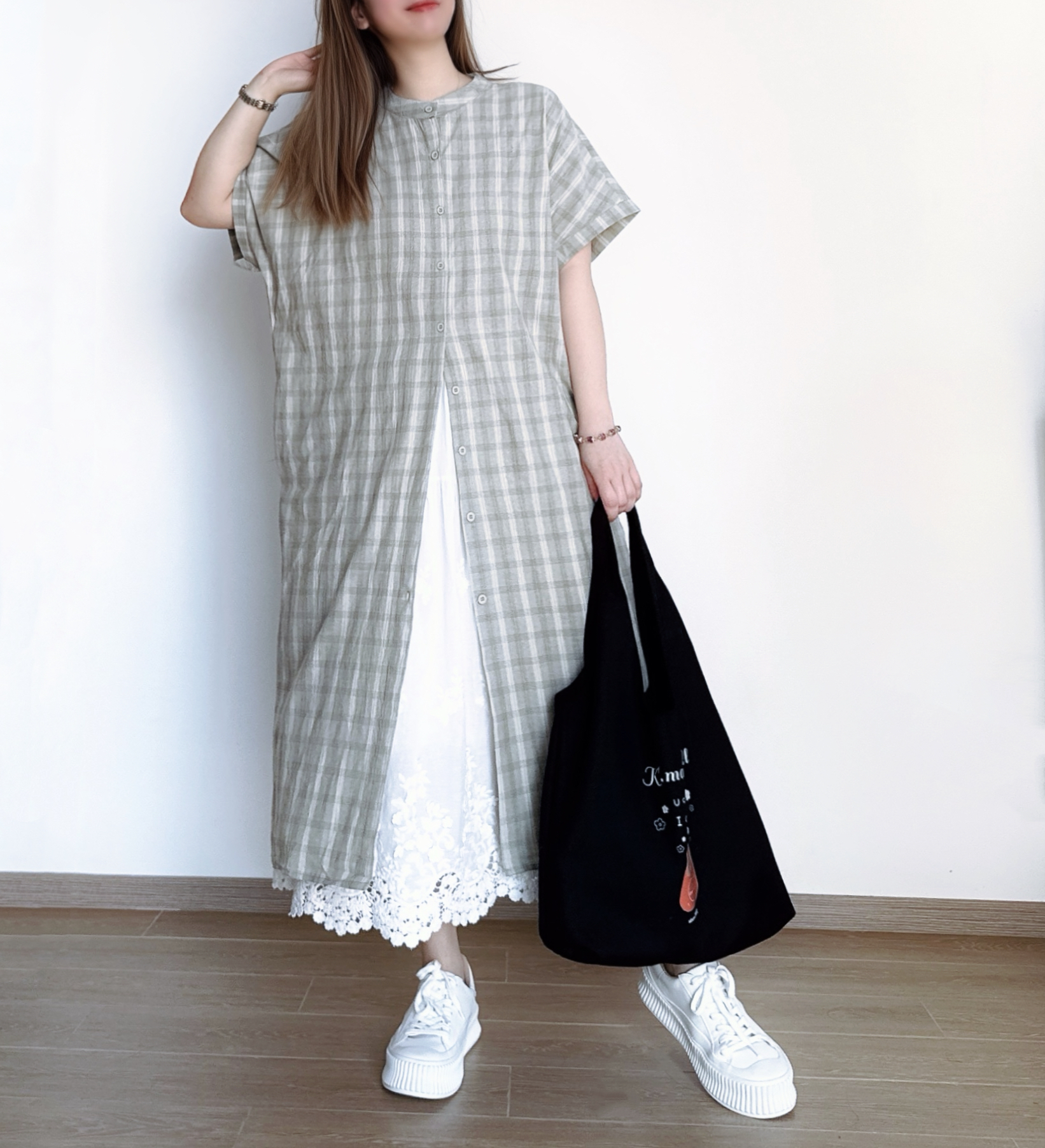 日系豆綠格紋Ops