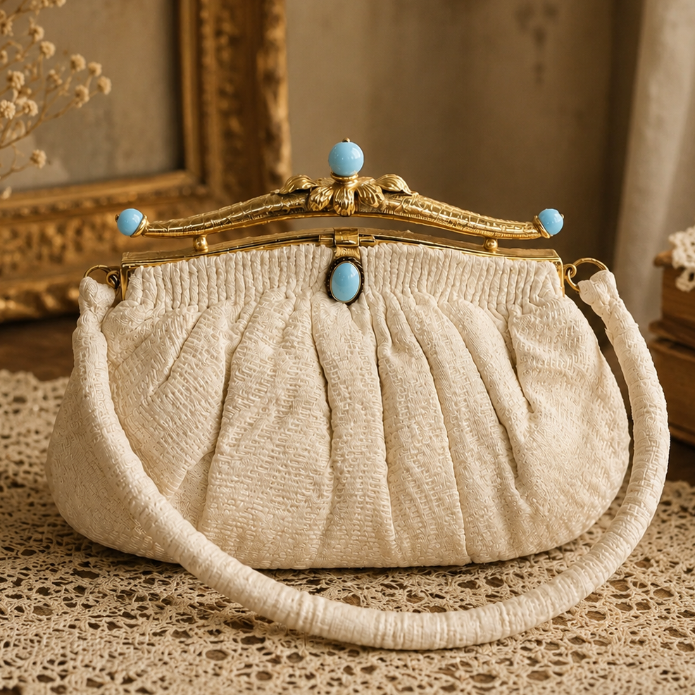 Rare Collectible! 1950s Victorian revival White Fabric Bag with Blue Glass Accent (MT2507)