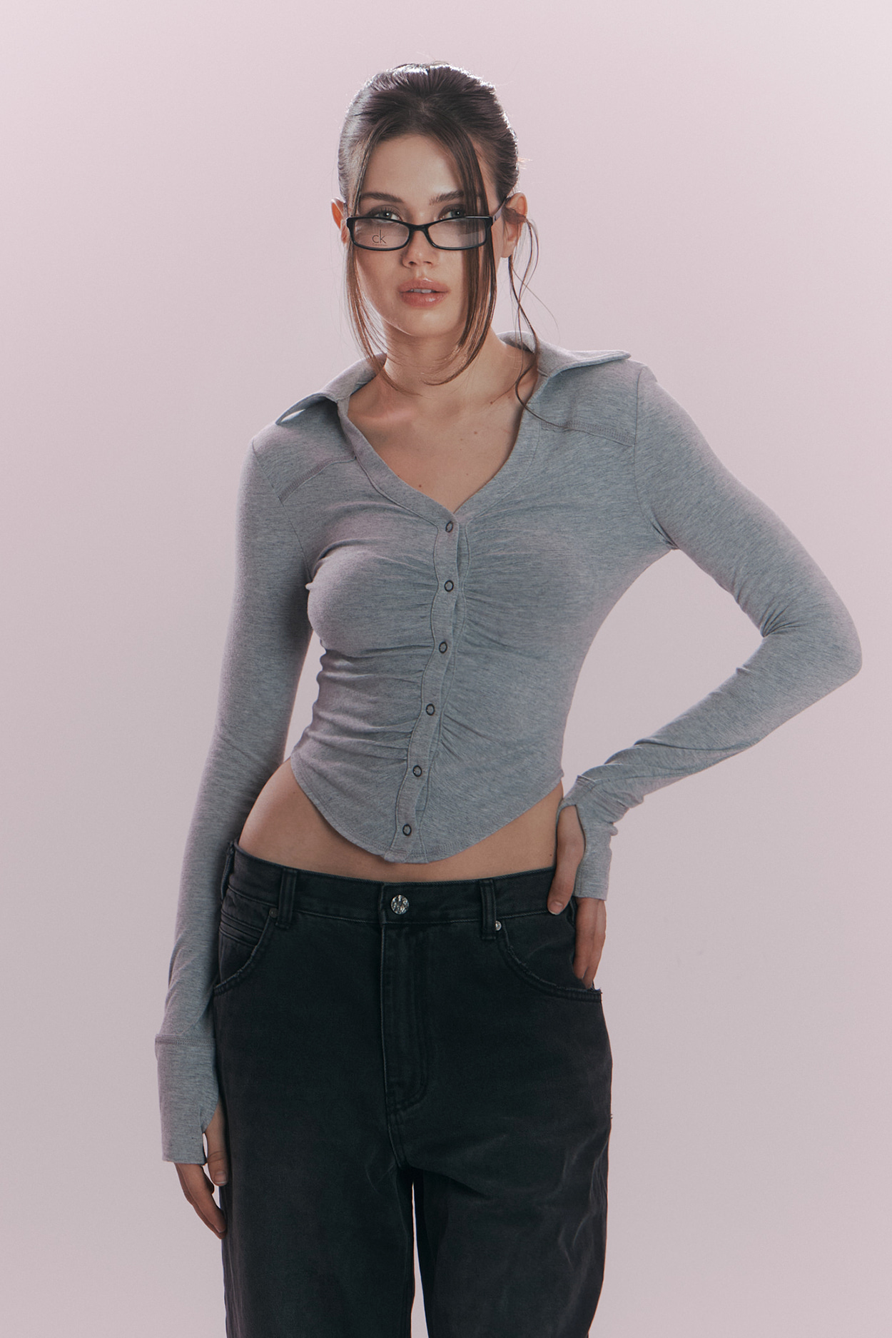 pleaseNOFOLLOW - Mamie Snap Button Slim Shirts (Melange Grey)