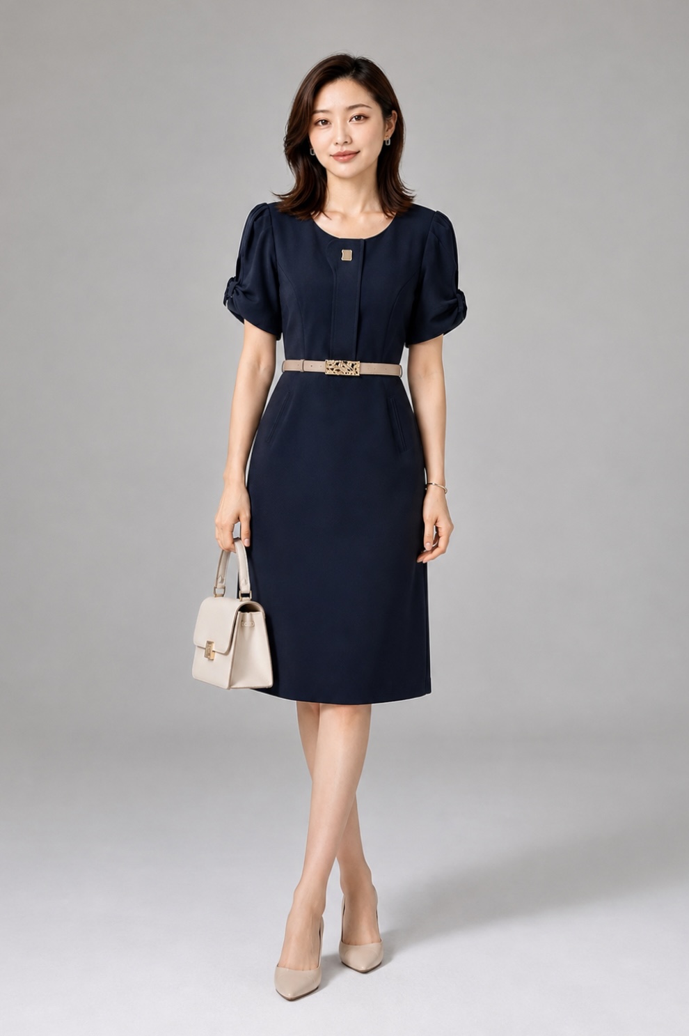 31170 Elara Belted Puff Sleeve Midi Dress