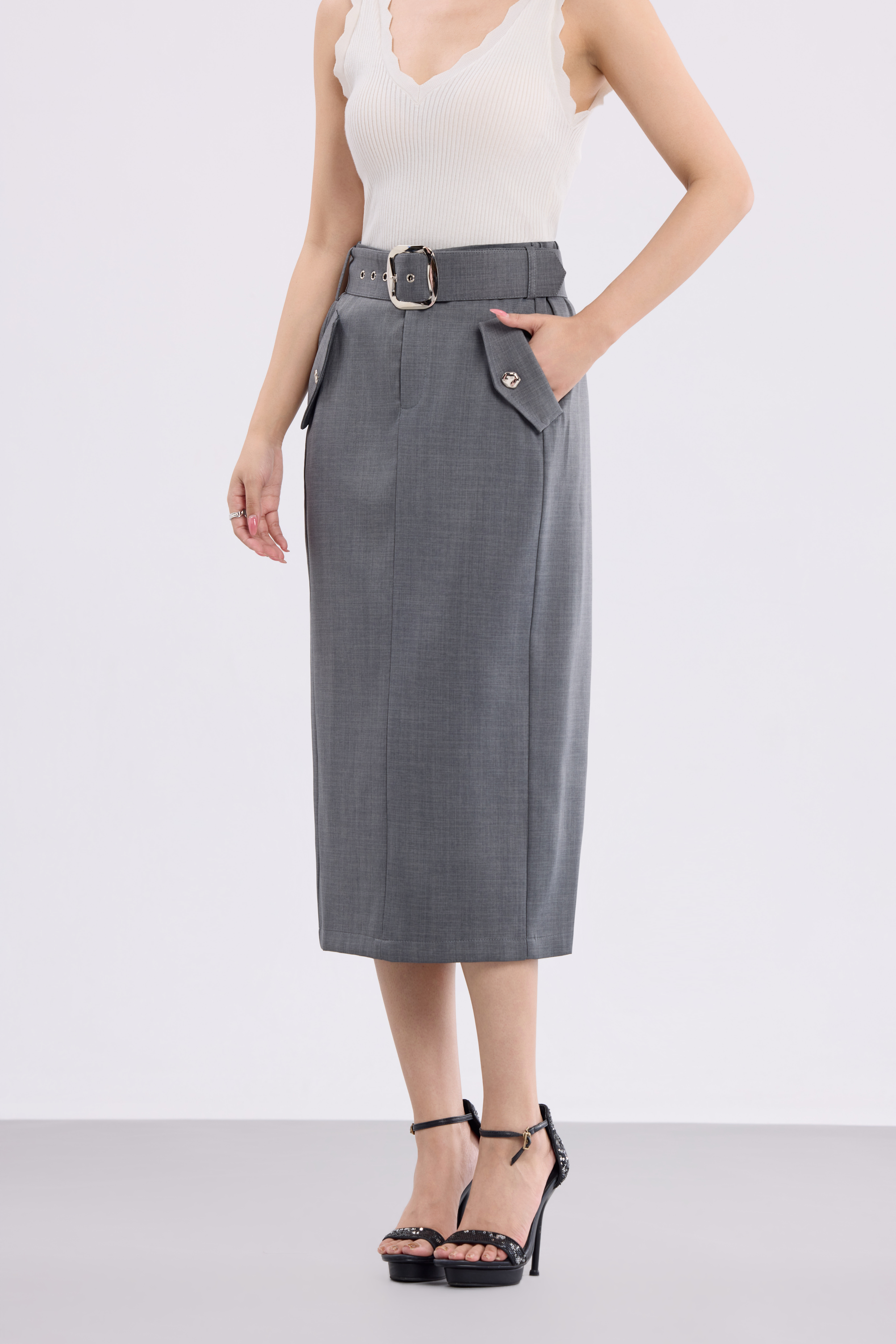 12241330 Victoria Belted Pencil Midi Skirt