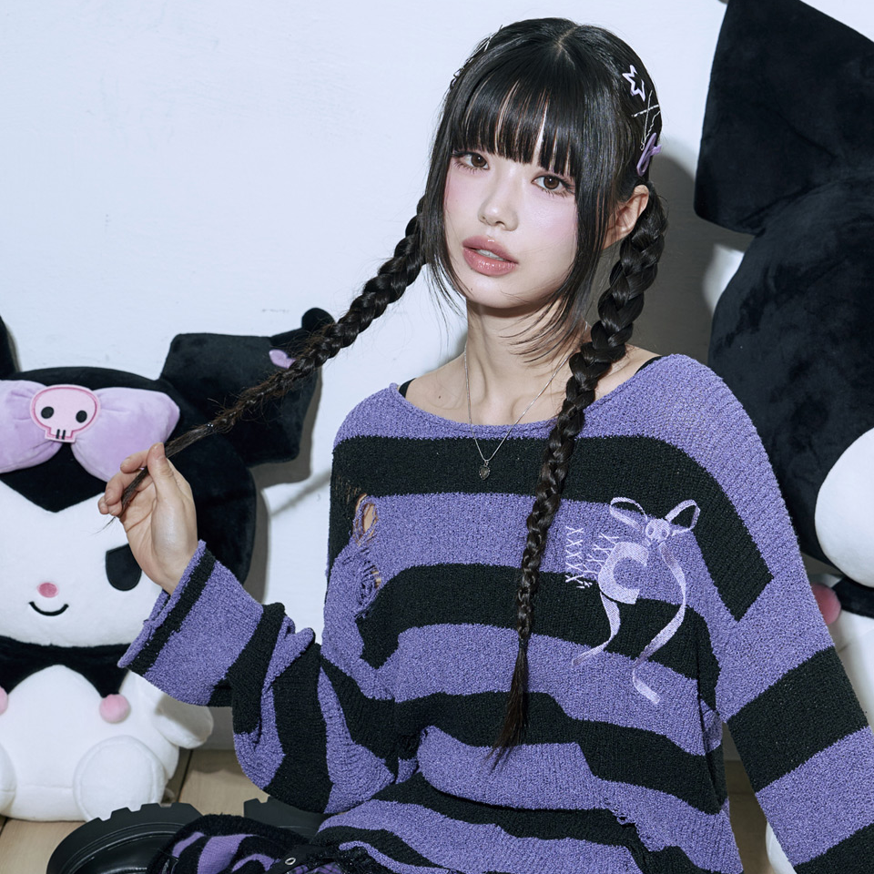 Venhit x Kuromi Striped Damaged Knit (Purple)