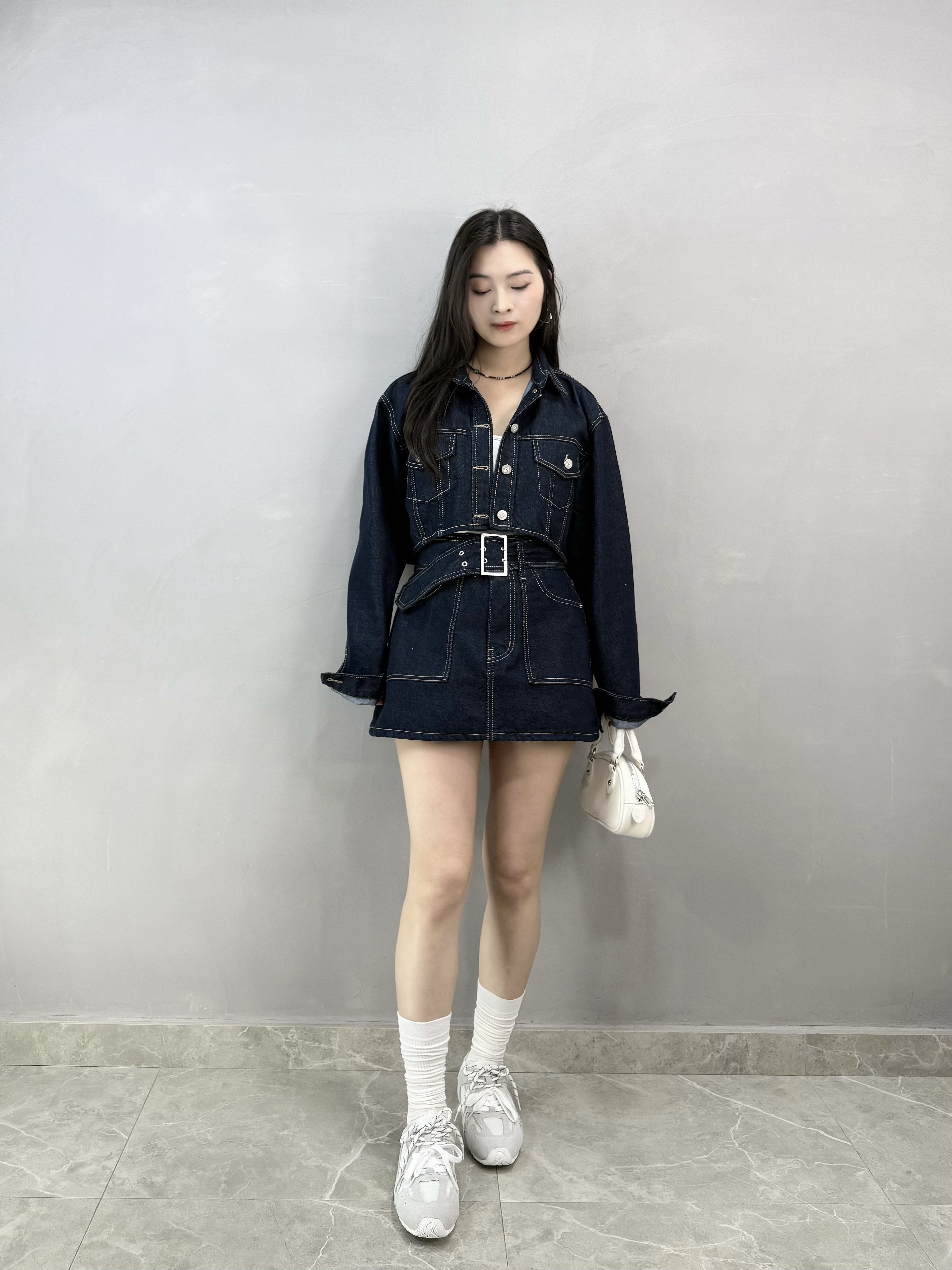 J86 車明線原色短牛仔裙褲