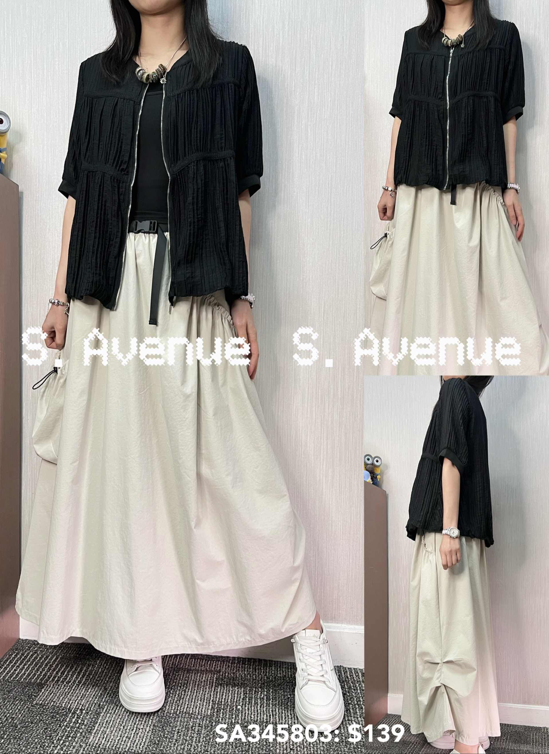 SA345803: 中袖壓撍布泡泡腳拉錬外套