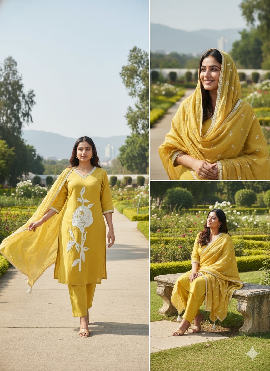 Yellow Kurta set with White embroidered flower