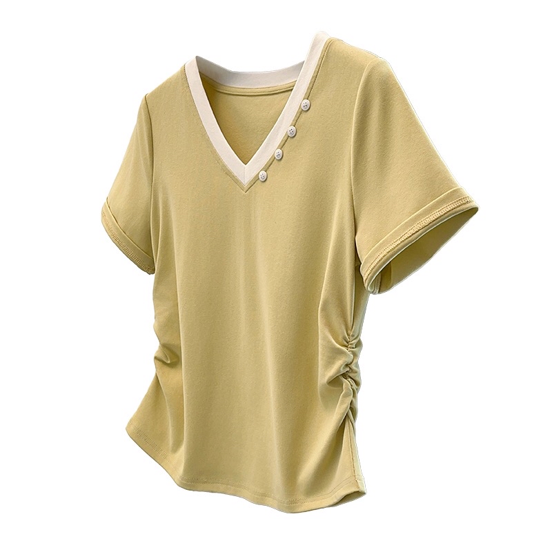 B42(36632) 韩版休闲风撞色V领边小钮设计感3色上衣