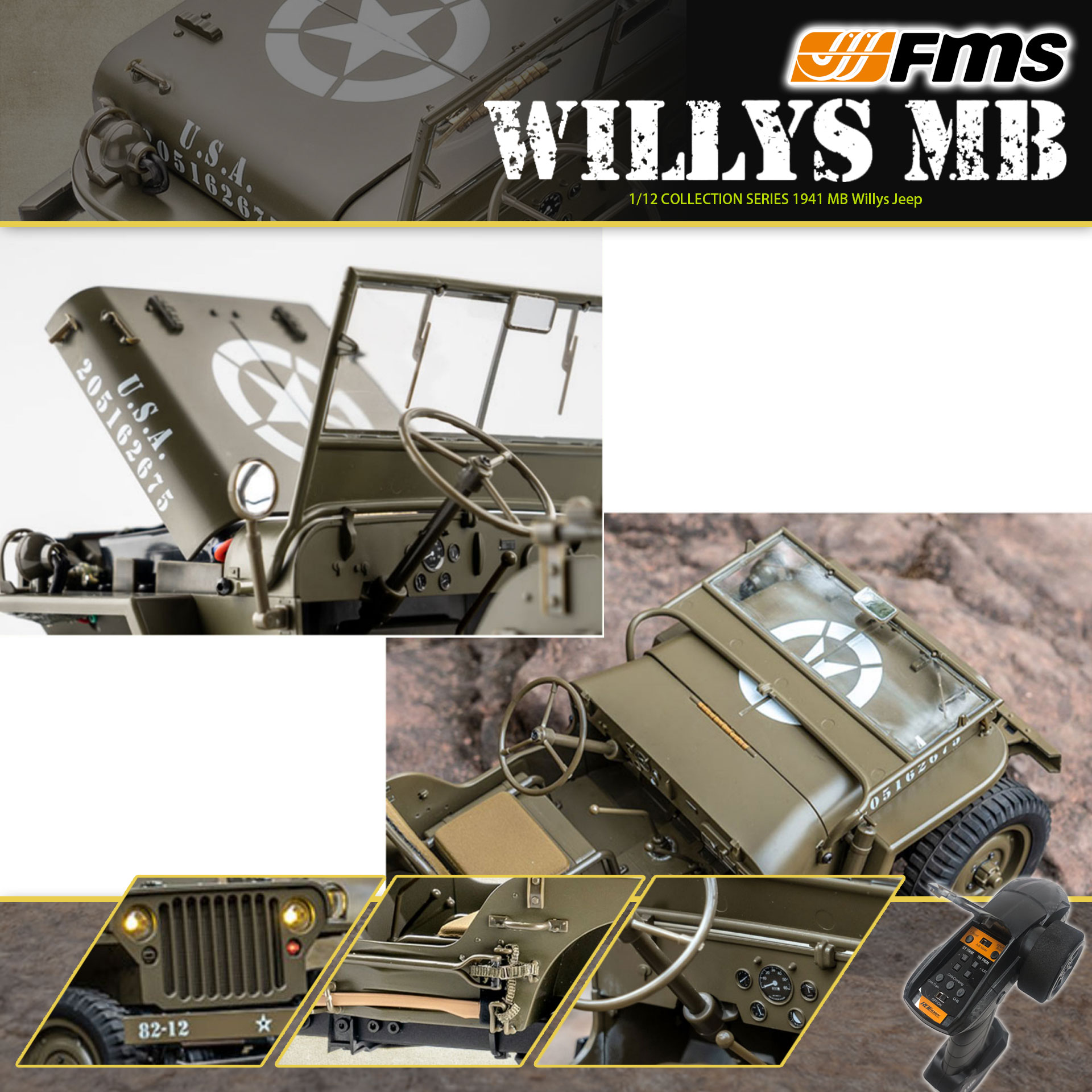 全新 🌟 FMS 🌟 1:12 WILLYS MB 威利斯 軍車 | 2.4Ghz 遙控 | 4輪驅動 | 聯動燈 | 車頭大燈及尾燈 | 迷你慢爬車 | 遙控車 | 像真迷你遙控車