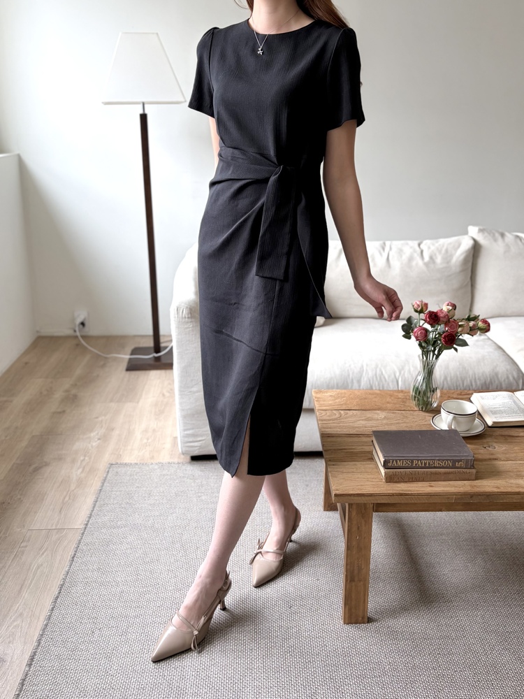 Elise Draped Slit Dress (Black)