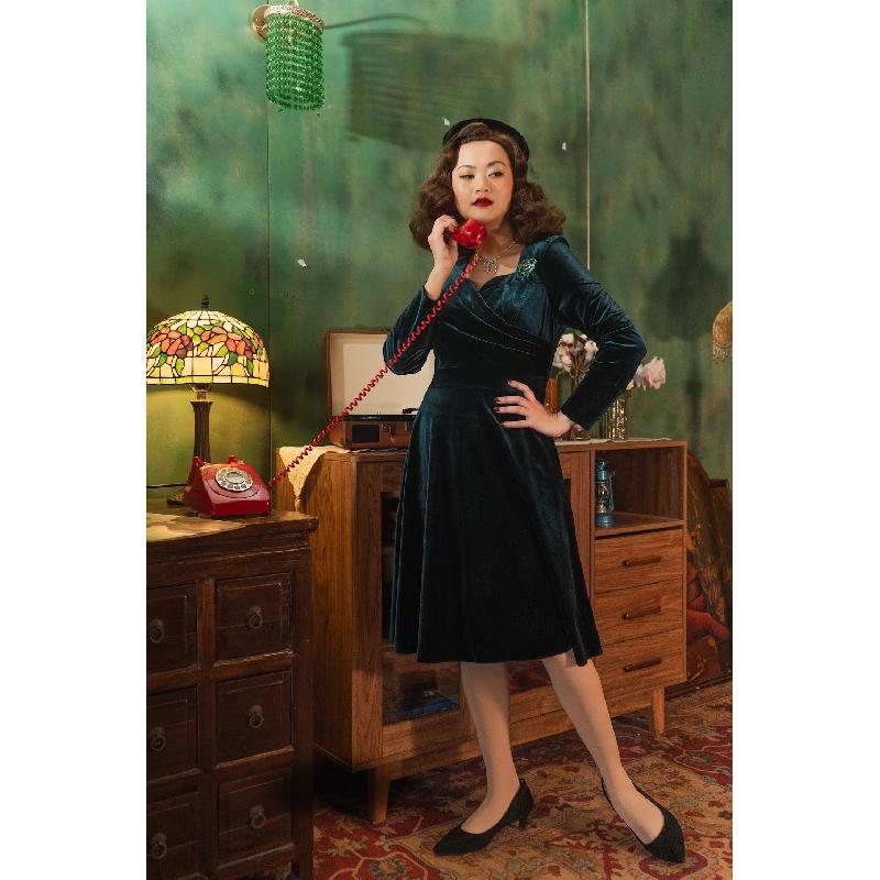 (Last L) Jewel Velvet Collection Sweetheart Wrap Swing Dress - Emerald Green (FM204)