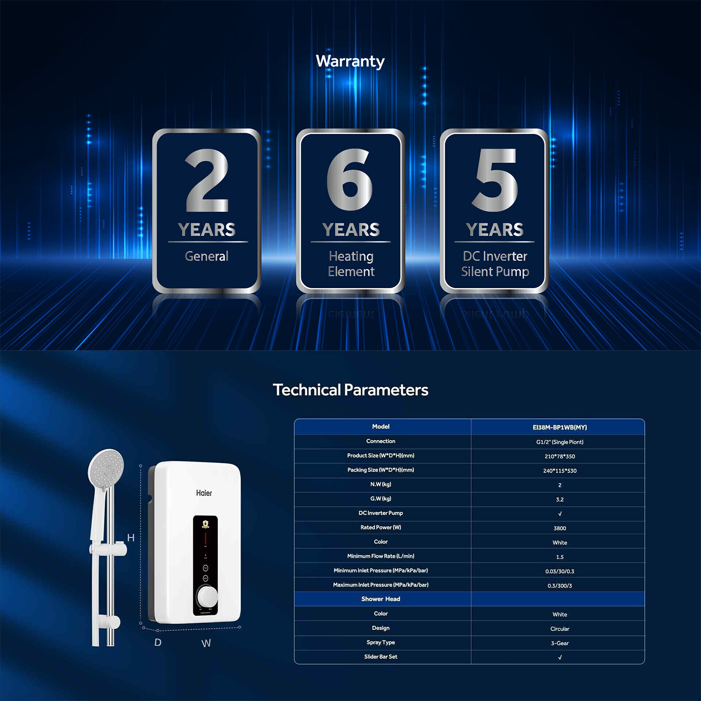 Haier 3.8kW DC Pump Water Heater Black (EI38M-BP1WB)