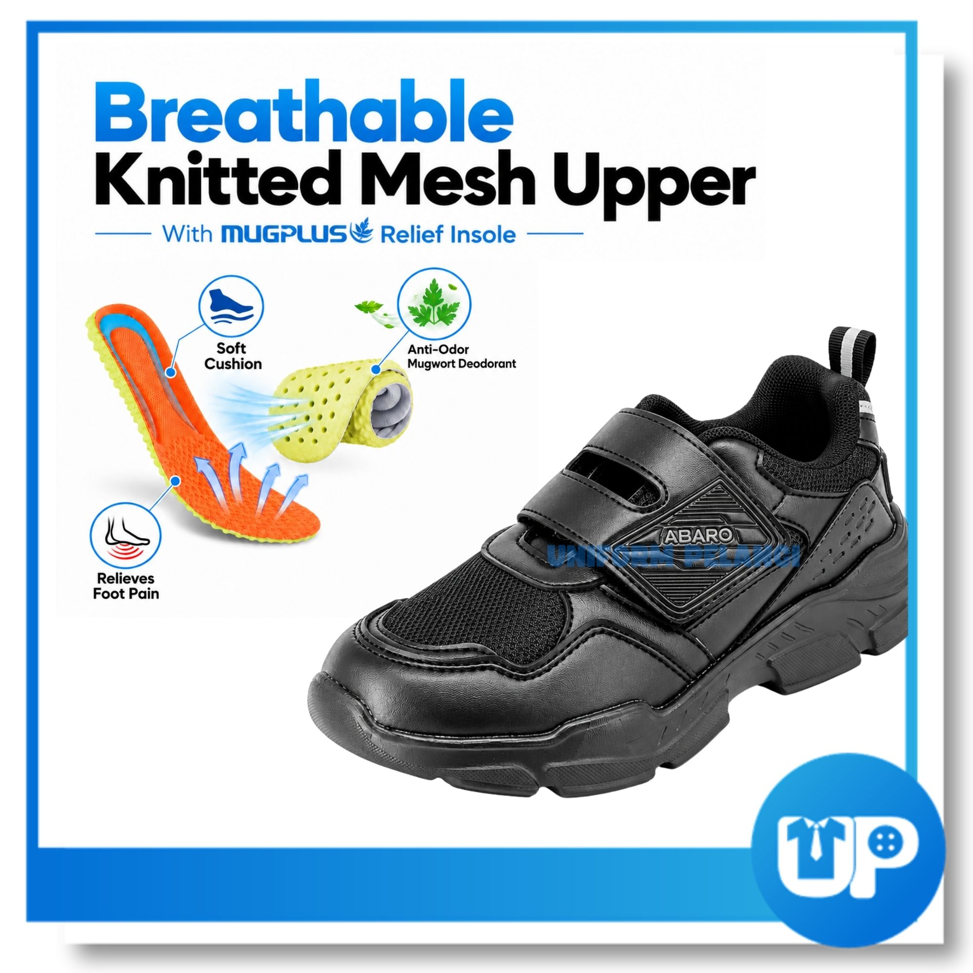 ABARO Kasut Sekolah Hitam Velcro Strap Mesh Material Lightweight Sekolah Soft Cushion Shoe (2817N)