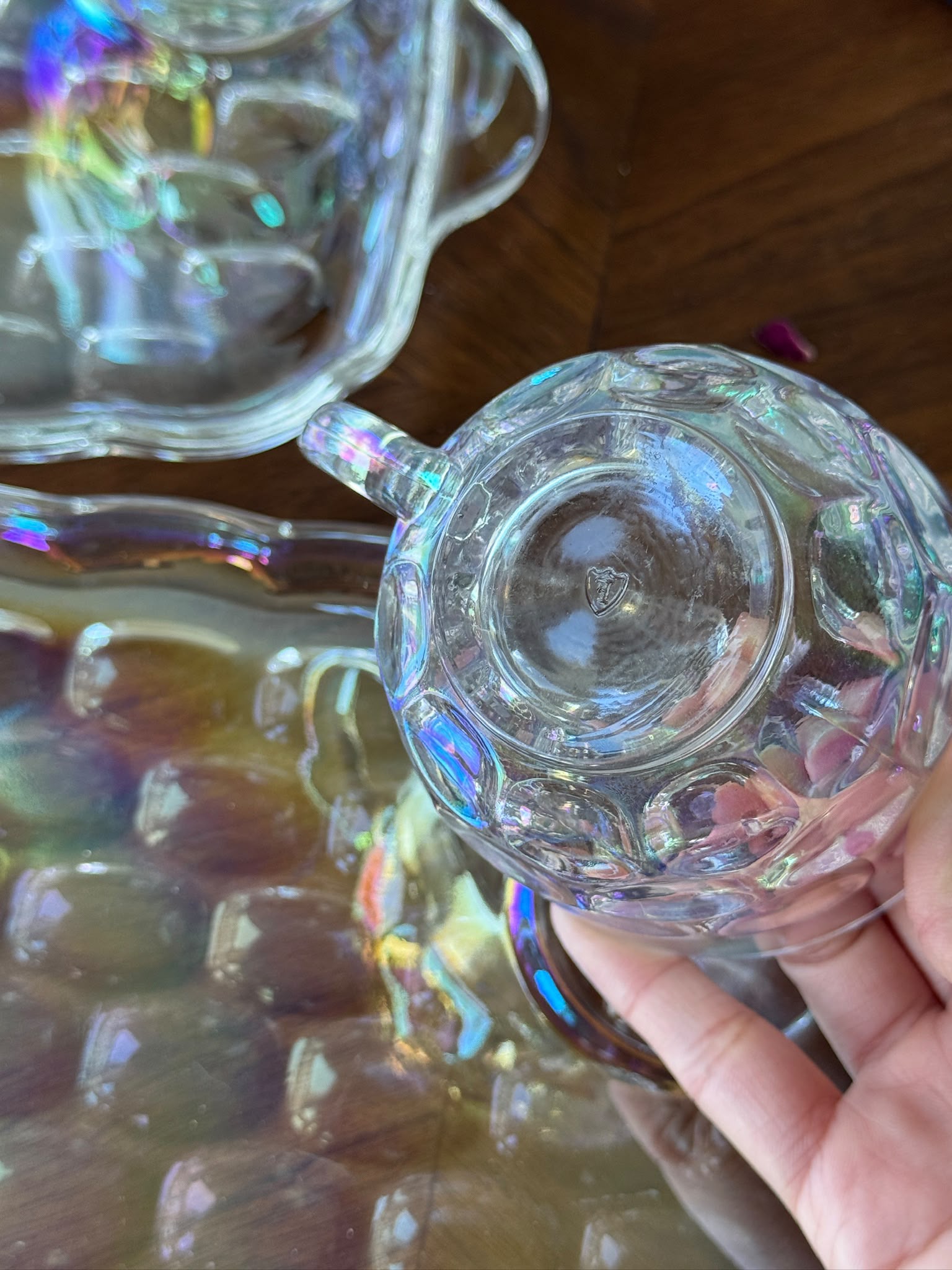 Vintage C.a. 1960s USA Federal Glass Yorktown “Thumbprint” Iridescent Snack Set -2 Sets  (MT2641)
