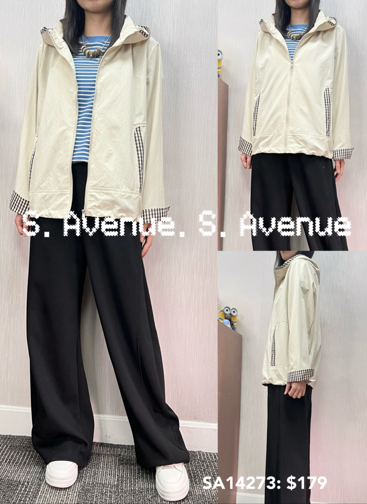 SA14273: 有帽長袖格仔邊拉錬外套