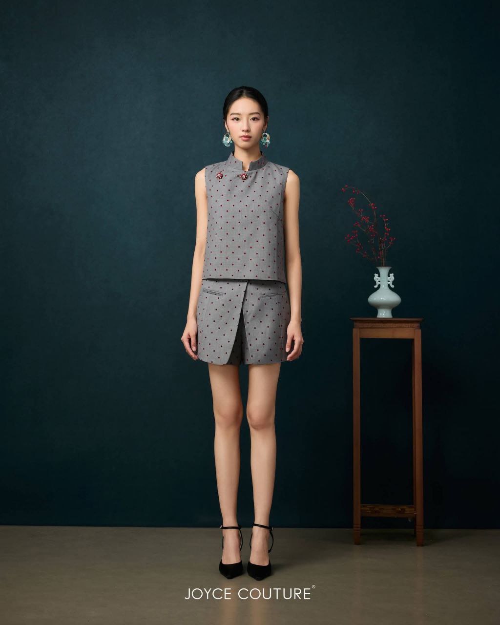 串珠纽扣立领上衣 T0180