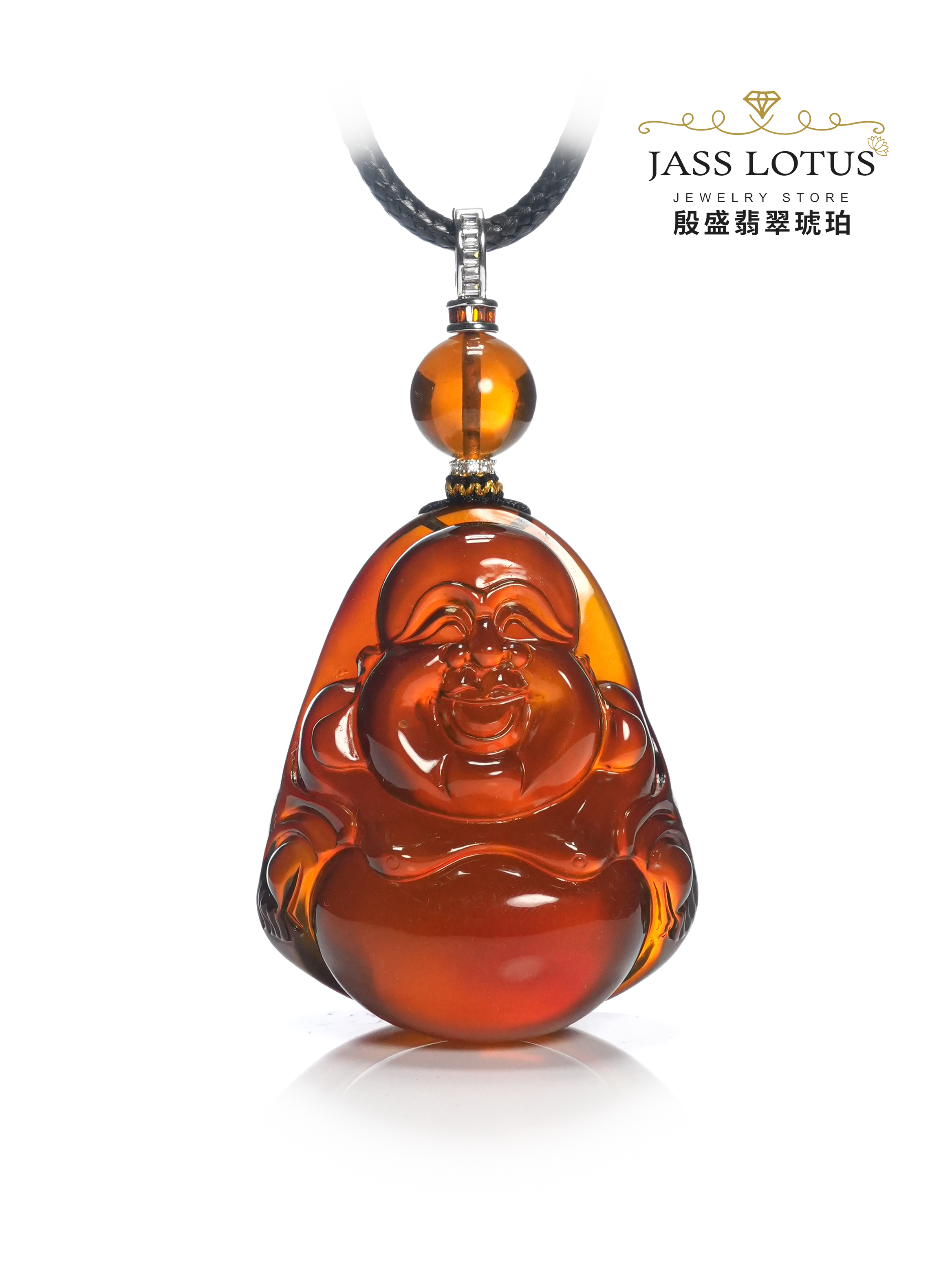 緬甸天然琥珀玻璃淨水藍血珀立體笑佛吊墜
