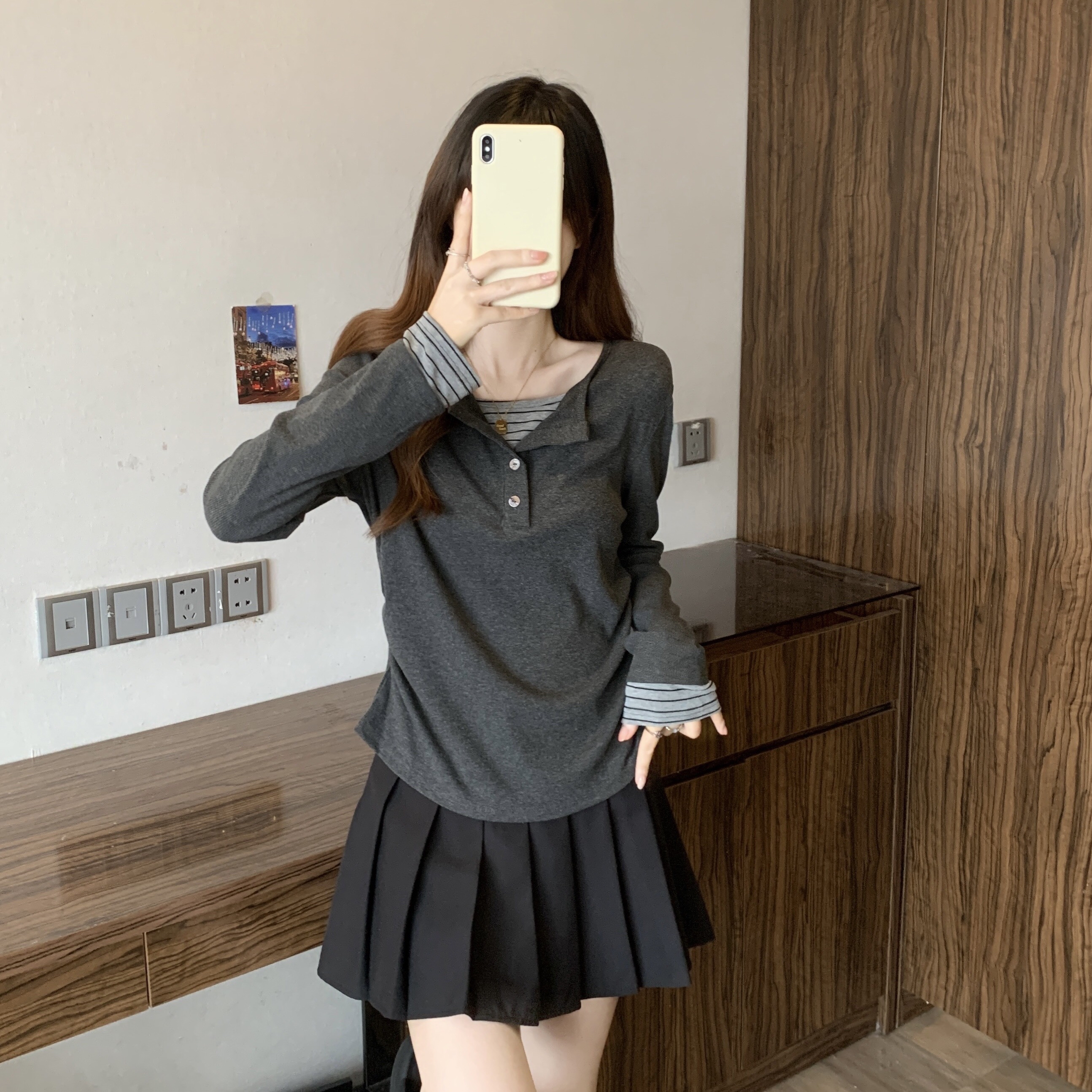 B81(6782) 韩系高级感假两件拼接横纹内搭与袖边灰上衣