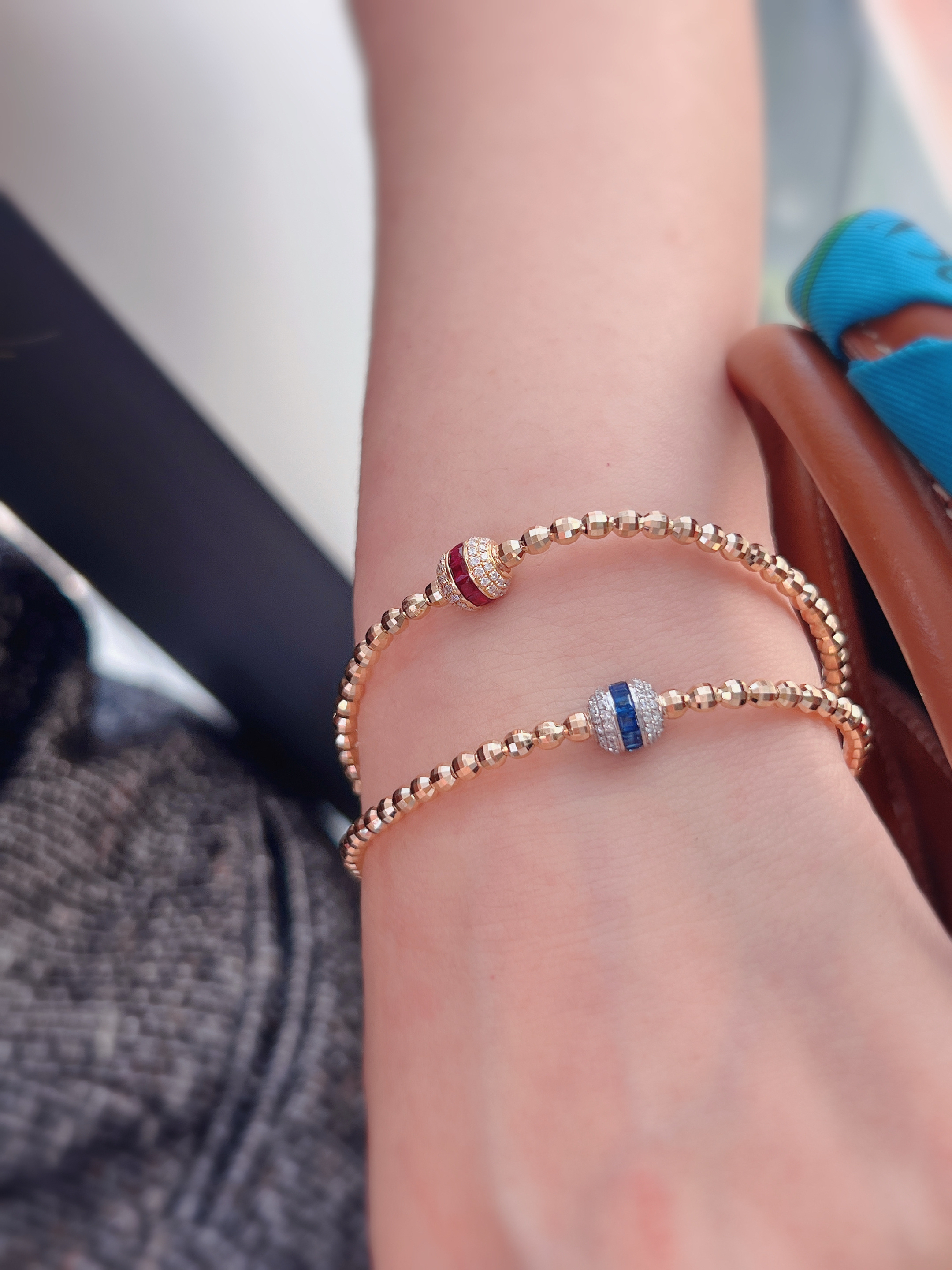 18K Gold Ruby & Diamond Faceted Bead Stretch Bracelet N031339