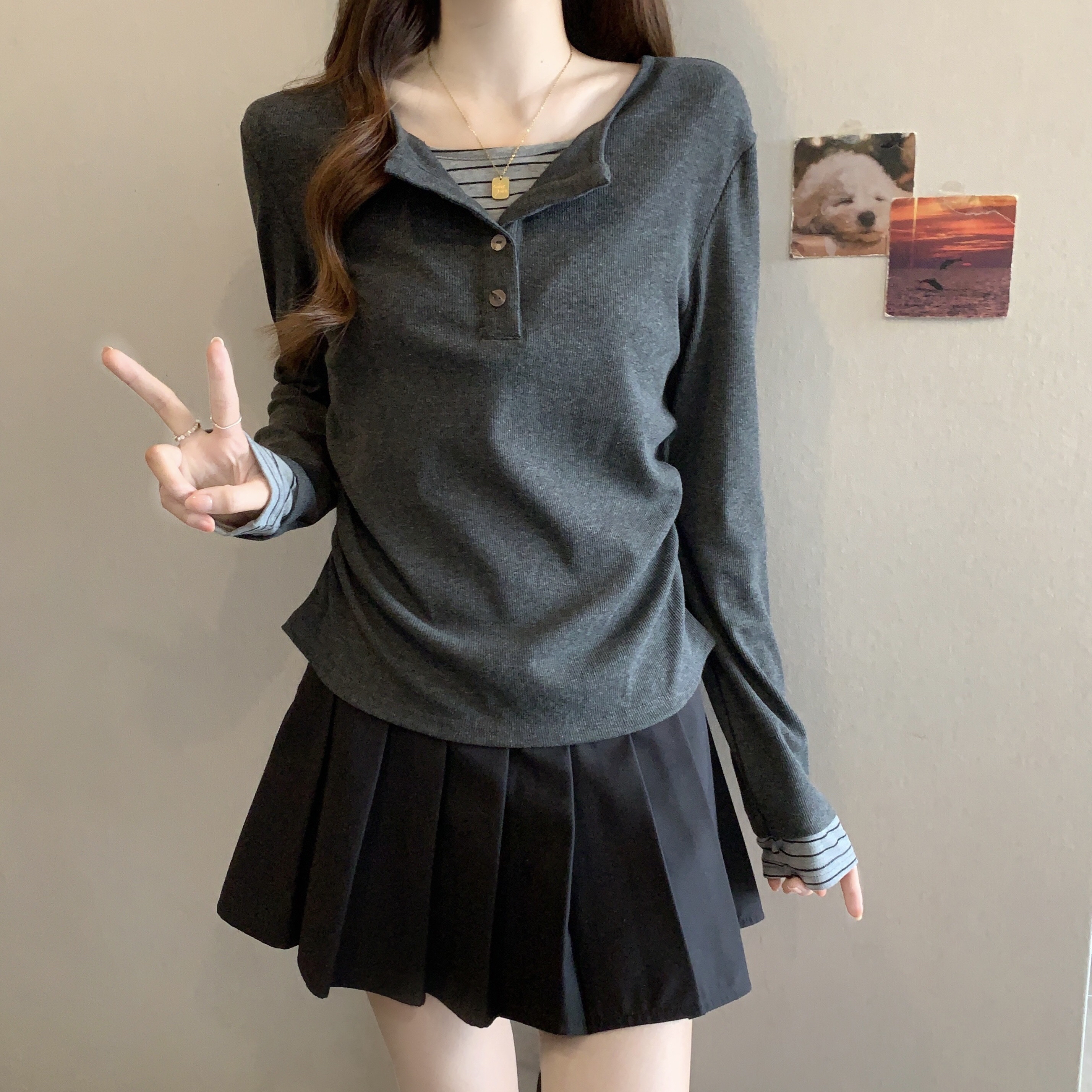 B81(6782) 韩系高级感假两件拼接横纹内搭与袖边灰上衣