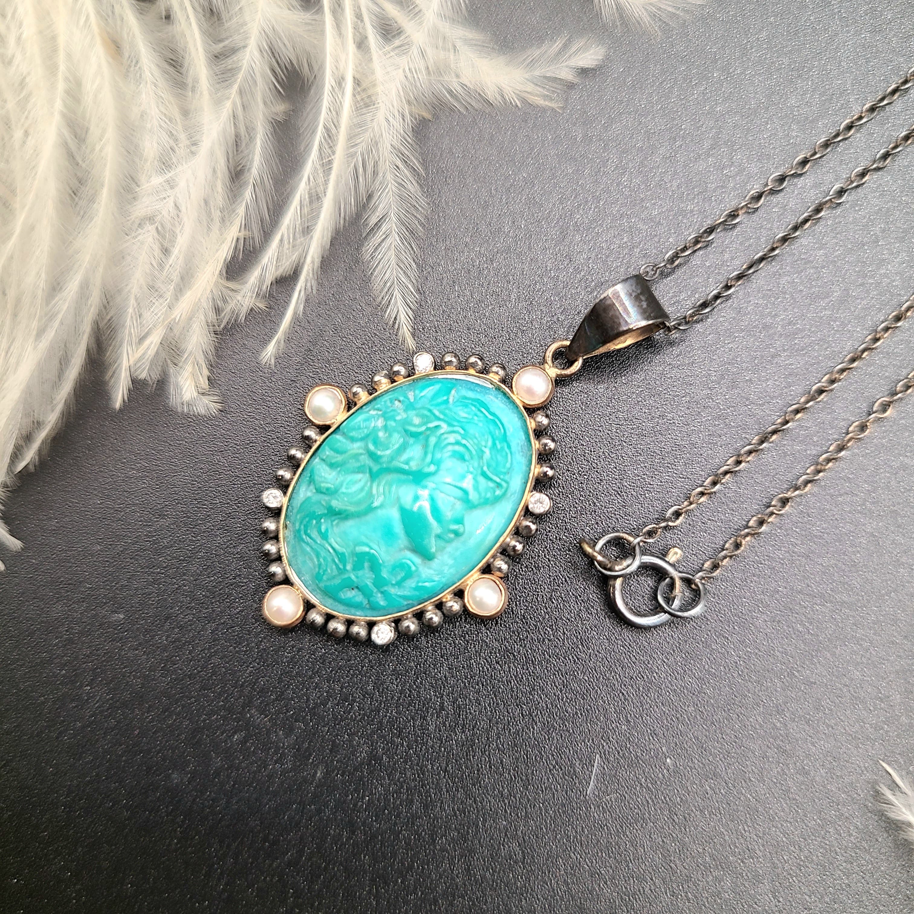 70年代綠松石浮雕鑽石珍珠9k金吊嘴配純銀頸鍊