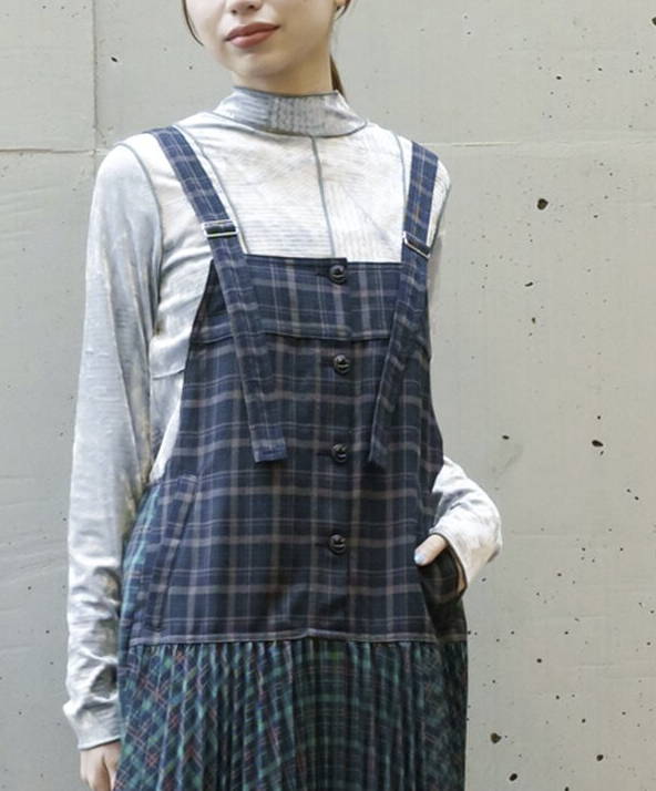 雙格紋交織百褶連身裙 - 2026 流行穿搭  女士連身裙 春秋冬時尚穿搭 成人休閒 日常穿搭 易於配搭 日本直送   #JP-I-260001