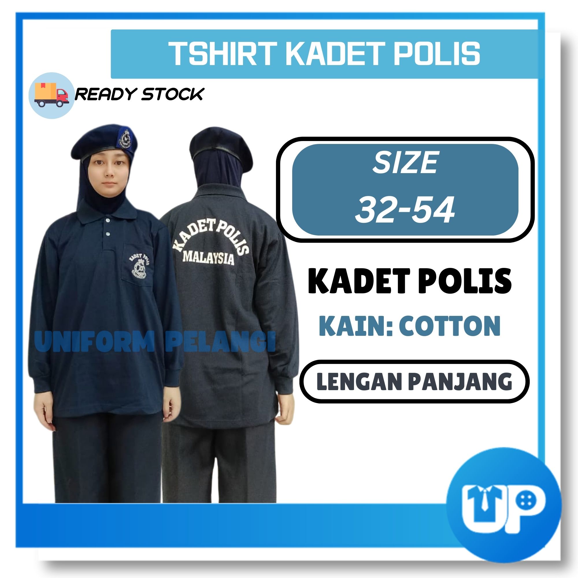 Baju Tshirt Kadet Polis Lengan Panjang Berkolar Biru Tua Kokurikulum Cadet Police Collar School Cotton Uniform Pelangi