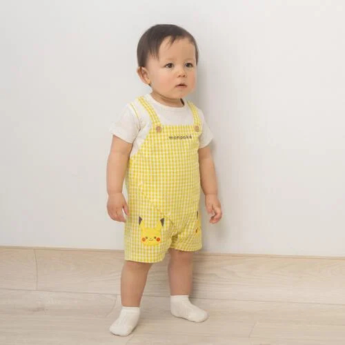 🇯🇵預訂 日本直送🇯🇵Monpoke比卡超刺繡貼花黃色格紋吊帶短袖連身服