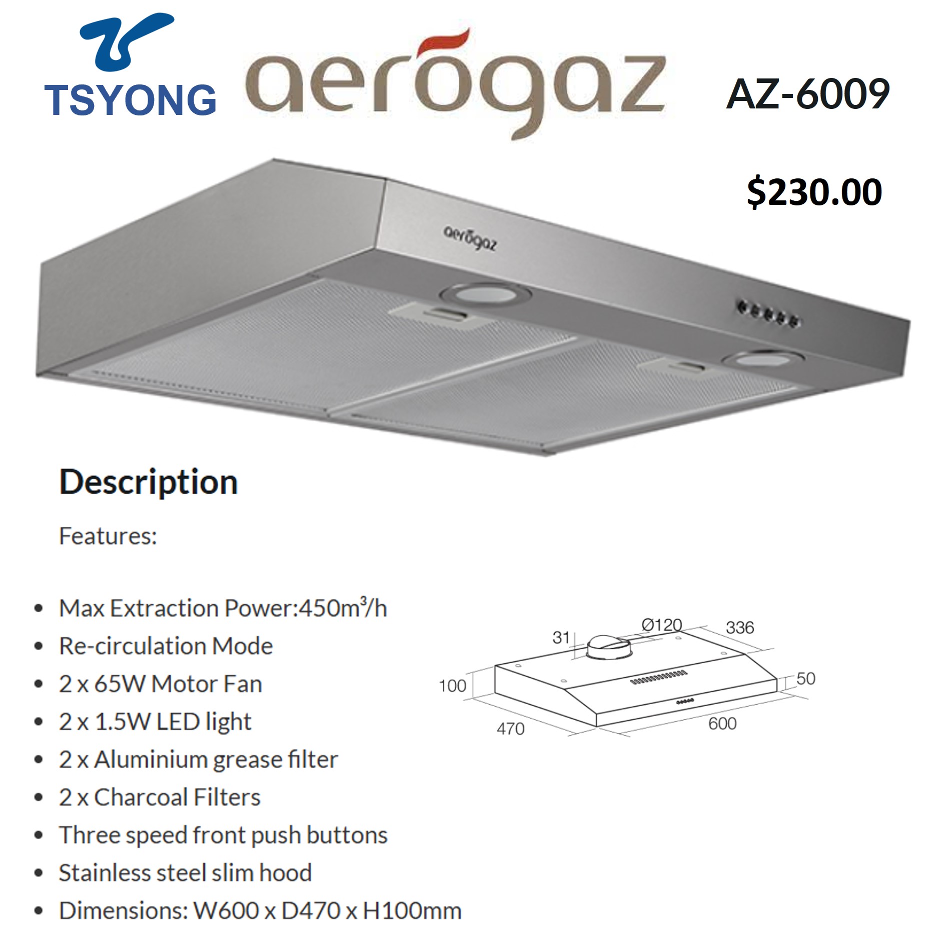 AEROGAZ 60cm Slim Lux Hood AZ-6009