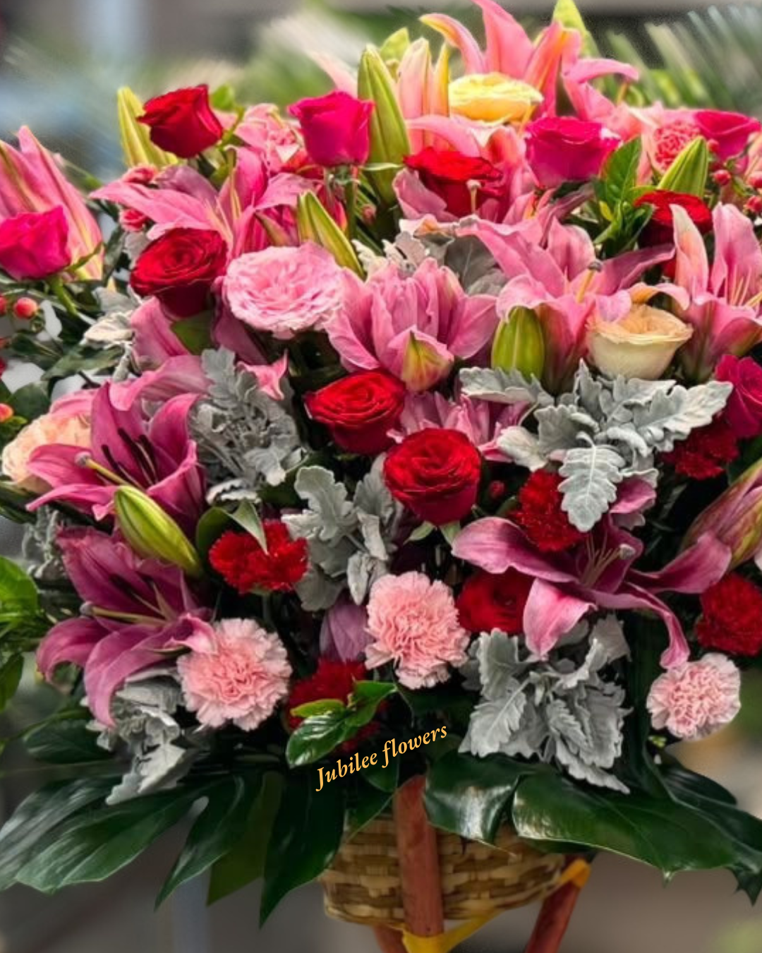 🎉【開張花籃】紅粉系列｜ 紅玫瑰粉百合開業賀籃