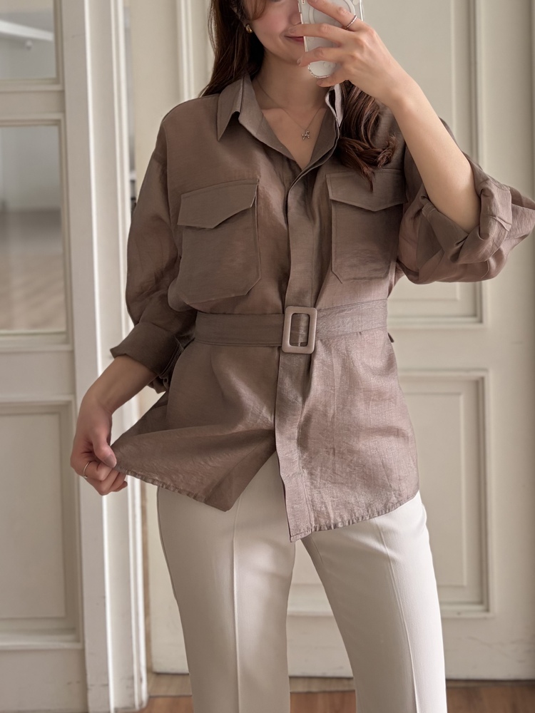 Feminine Belted Pocket Blouse (Brown)