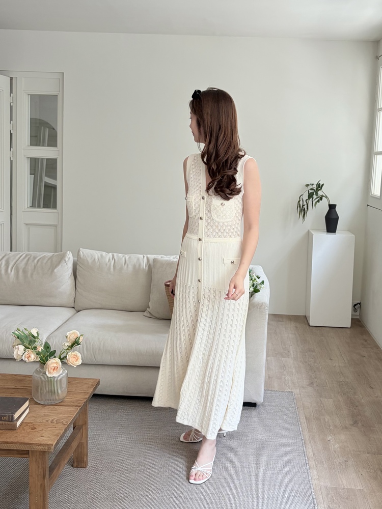 Buttoned Crochet Knit Dress (Ivory)