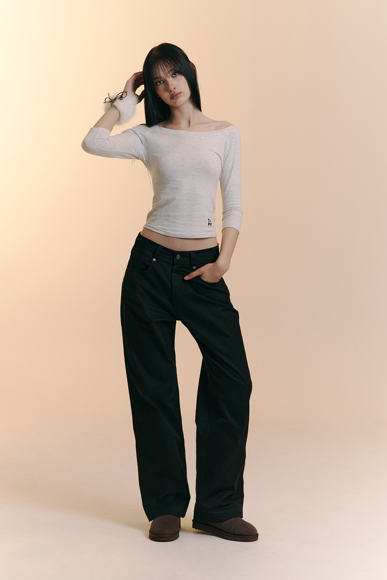 pleaseNOFOLLOW - Zed Off-Shoulder Long Sleeve Top (White Melange)