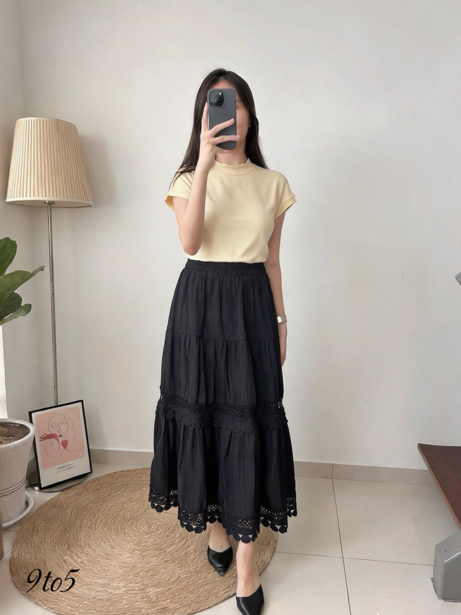 S1857 A Line Layered Long Skirt - Black & White