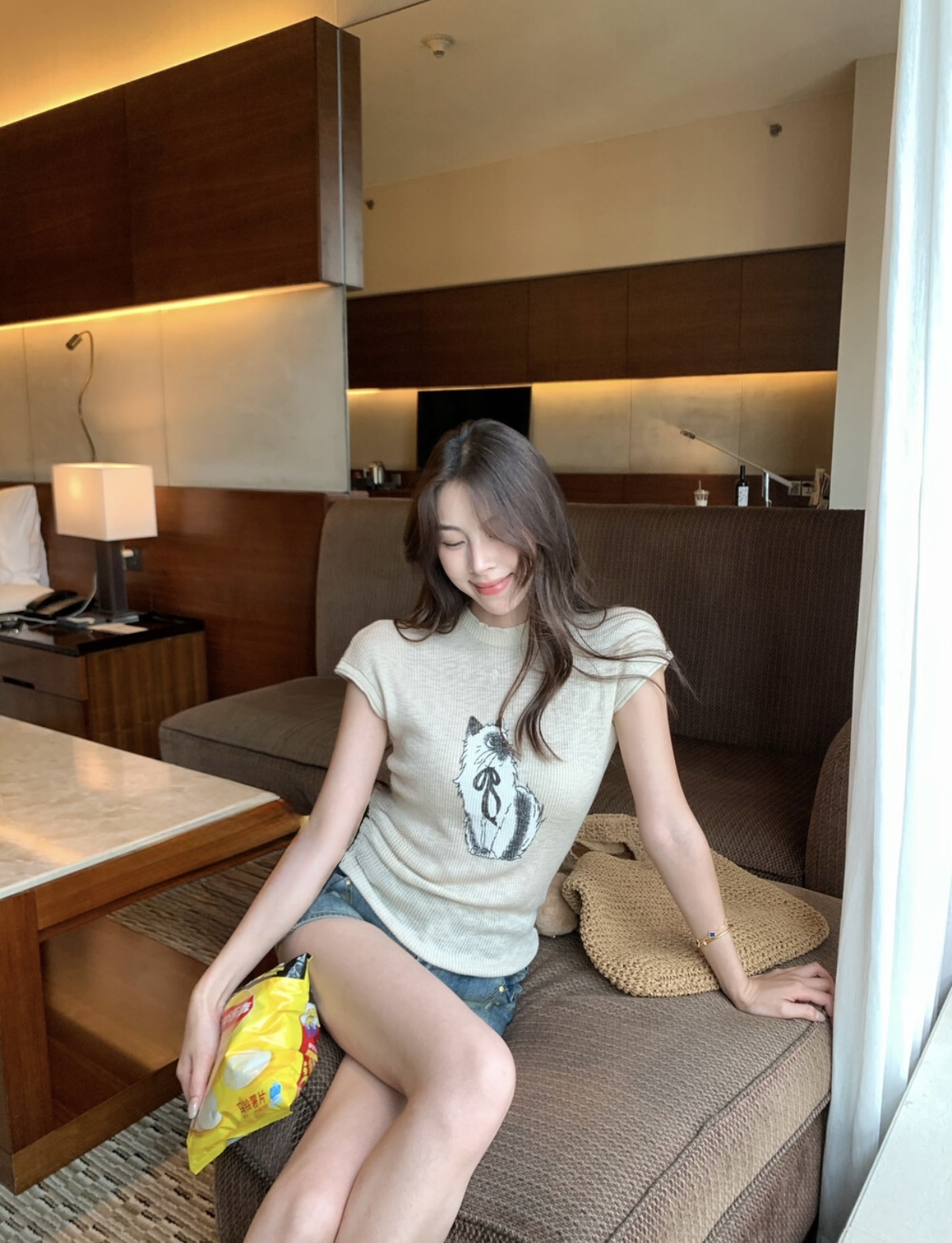韩系纯欲猫印花修身辣妹针织小衫 Cat Print Sleeveless Crew Neck T-Shirt