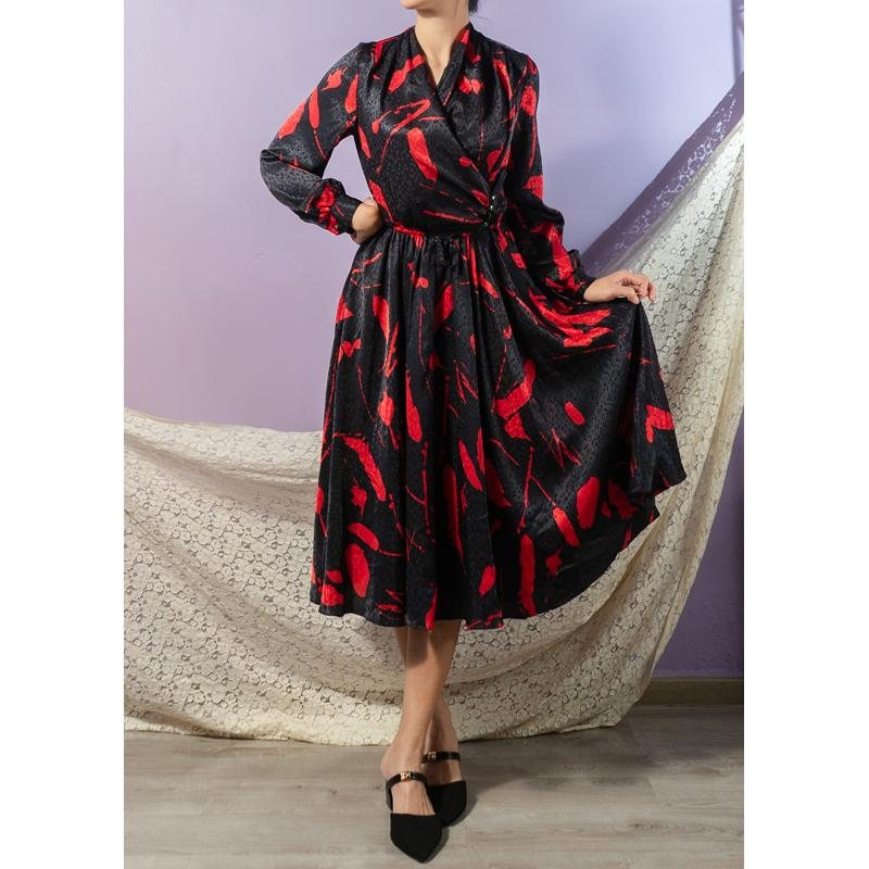 Vintage Japanese C.a. 1980s Red Stoke Pattern Half Wrap Full Flare Dress(MT1608-144)