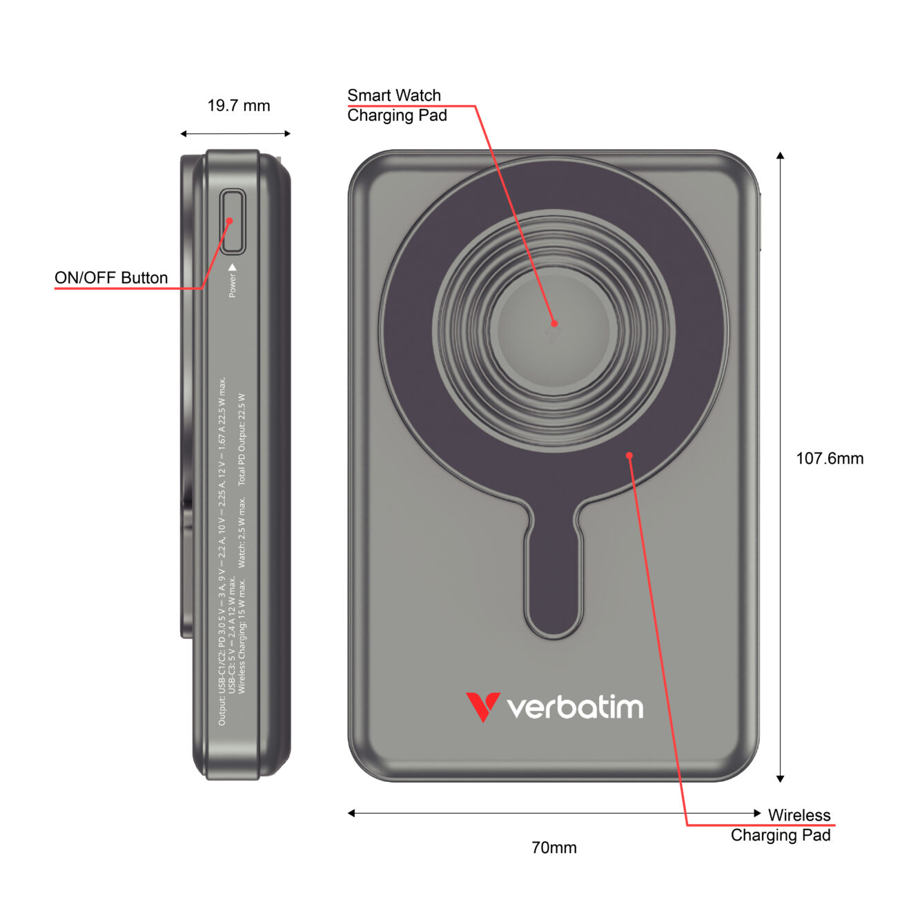 威寶 - Verbatim Charge 'n' Go 10000mAh 2C & 附顯示器的行動電源（*3C認證 CCC 認証) 磁充 磁吸 磁吸無線行動電源 #33272 / #33273