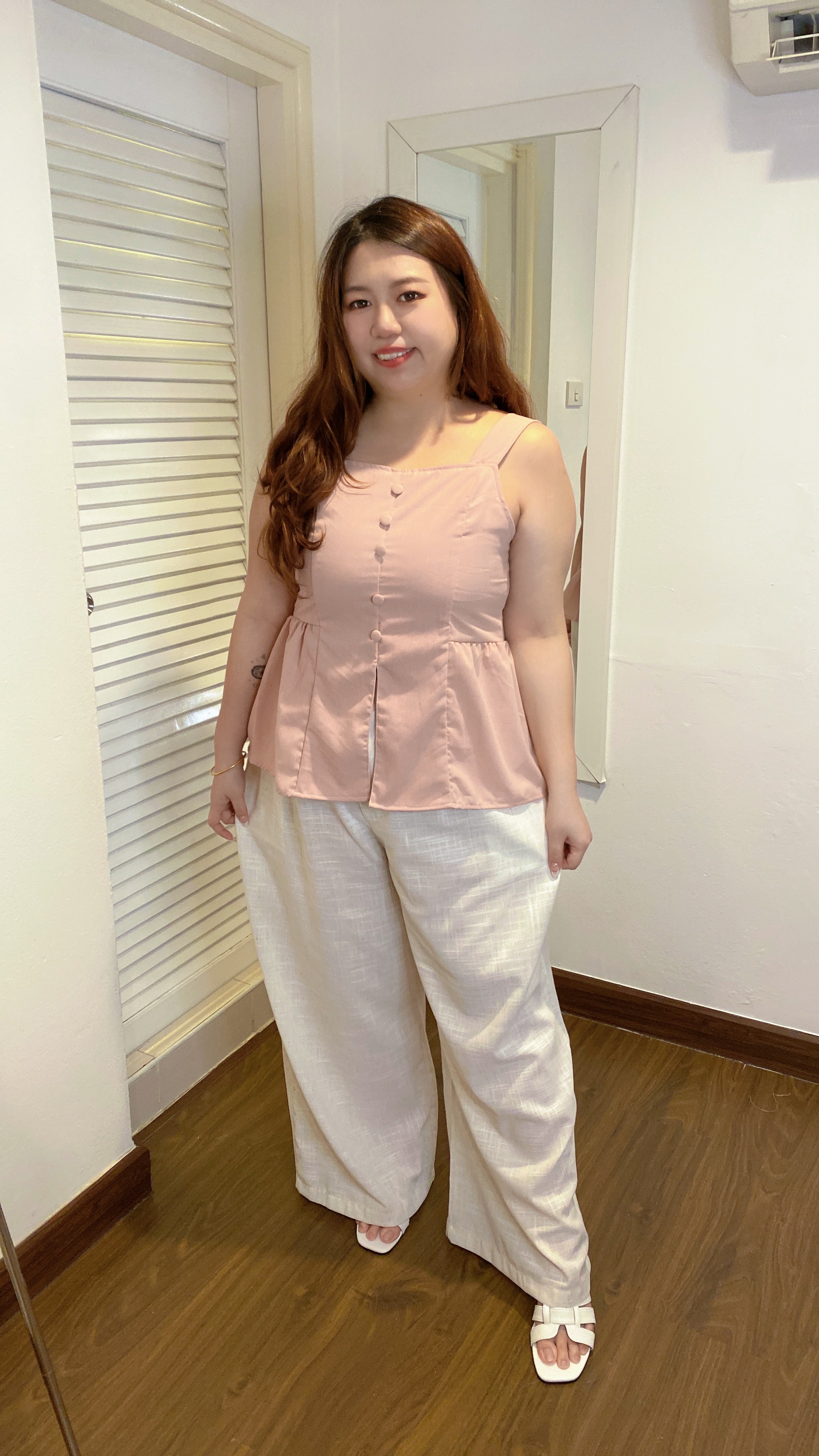 Th39-棉麻宽带排扣开叉修身吊带上衣