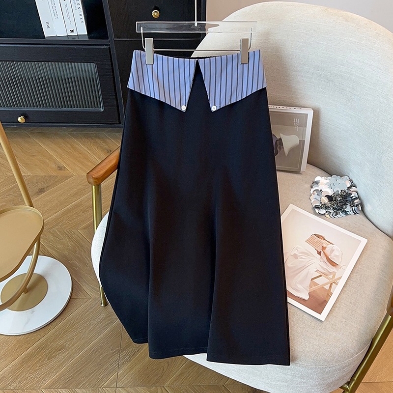 B21(6108长) 长款韩系减龄拼接撞色条纹翻领袖边上衣与条纹折角边短裙蓝套装