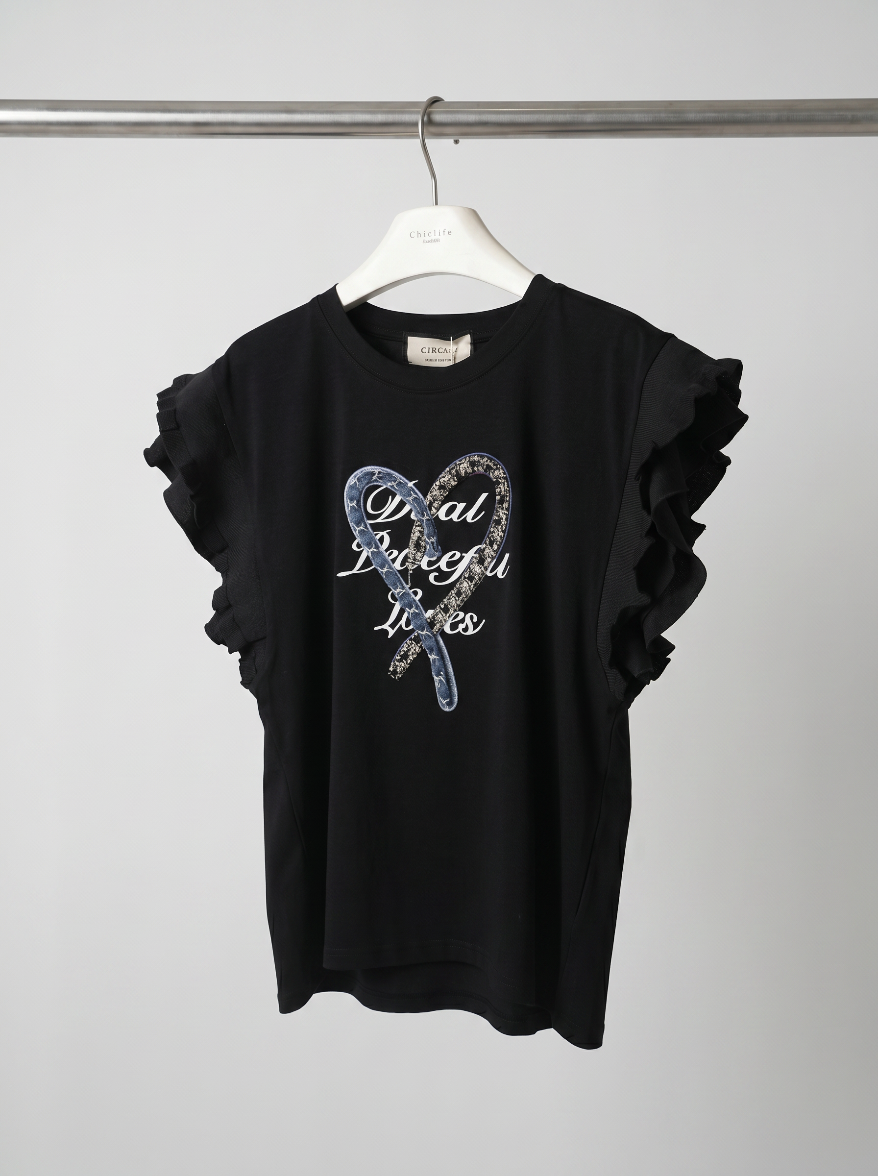 荷葉袖愛心復古圖案T恤