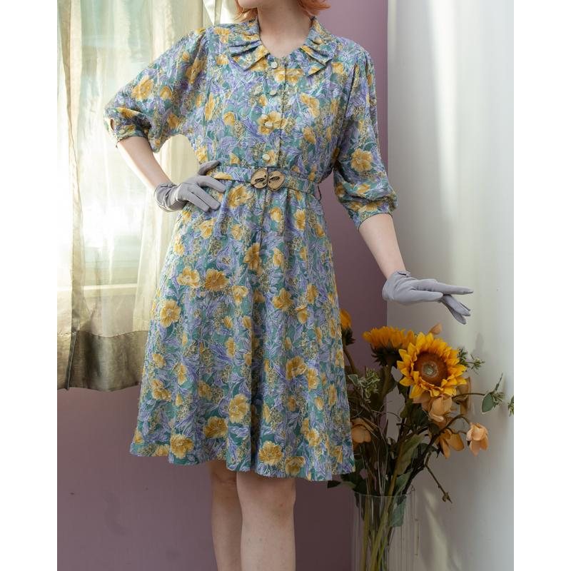Vintage Japanese Floral Pleated Collar Chiffon Texture Day Dress with Original Belt (MT1840-19)