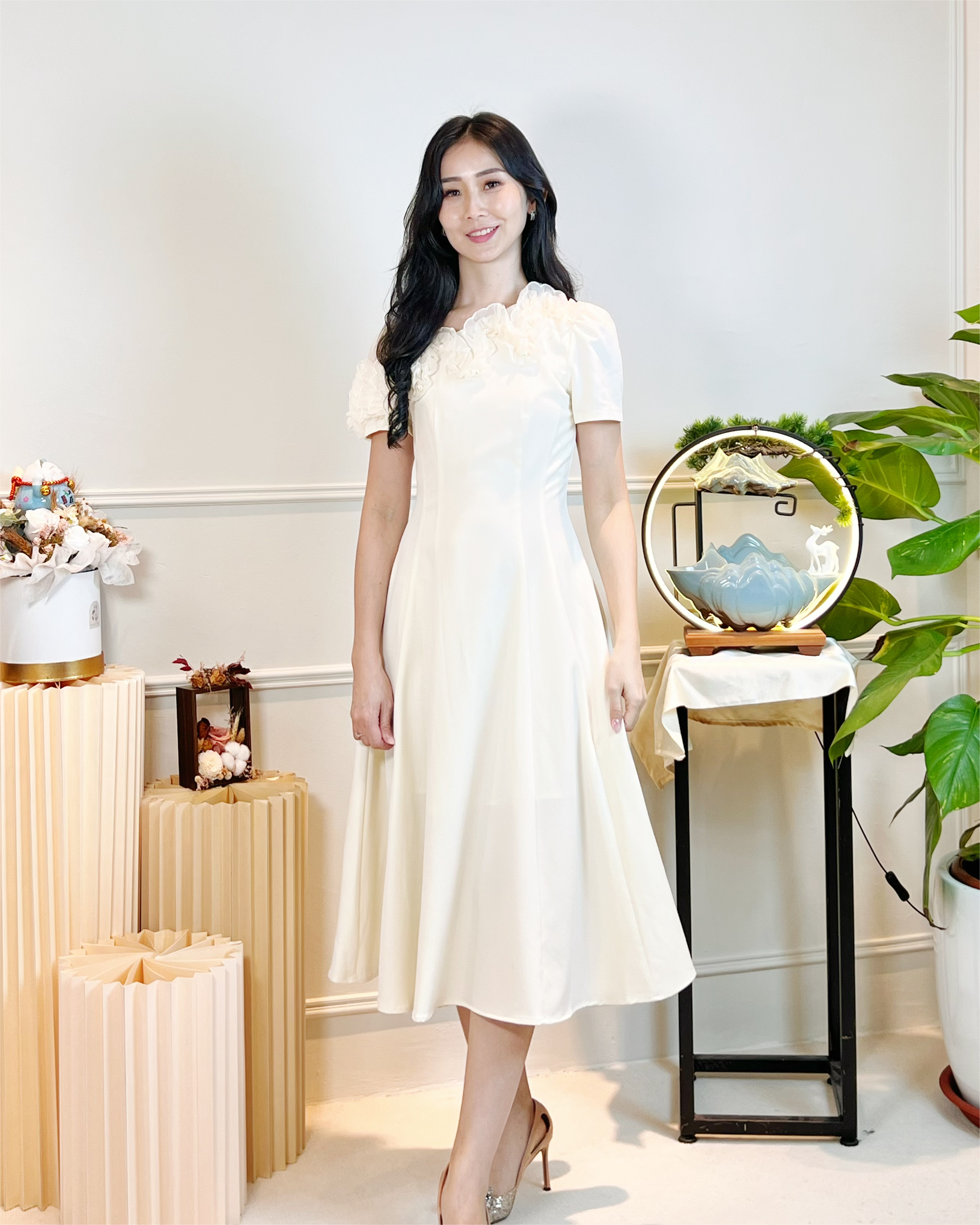 5093 3D Floral Chiffon Appliqué Midi Dress