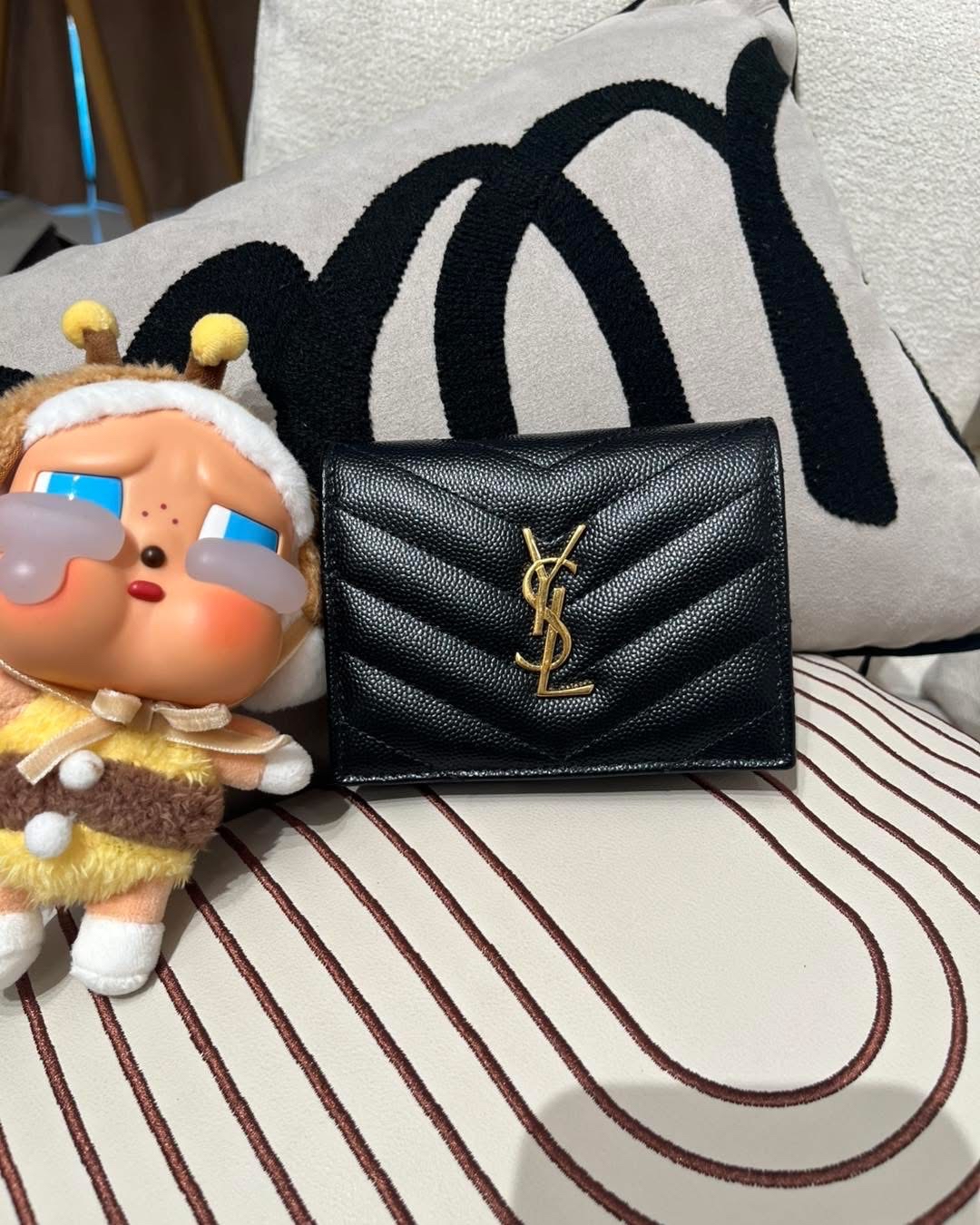 Ysl wallet 黑色魚子醬牛皮金扣 100%Authentic ,98%new✅dust bag 