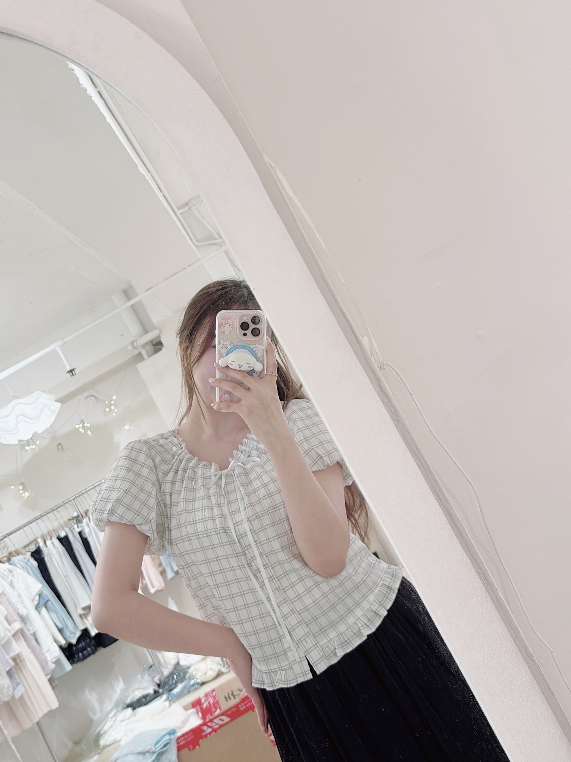 Delicate Plaid Lace Top with Ribbon