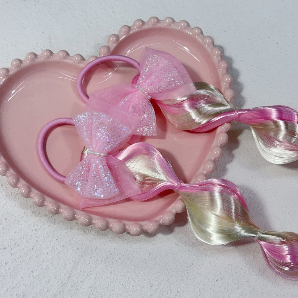 Girls Colorful Bubble Braids Wig Hair Ties with Glitter Bow 女孩繽紛泡泡假髮辮子髮圈附閃亮蝴蝶結
