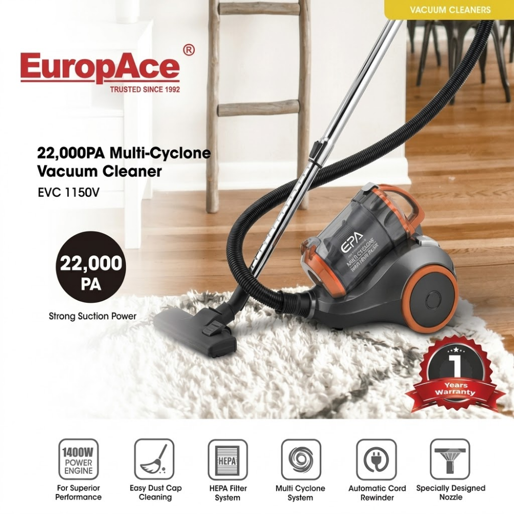 EuropAce 1400W Multi- Cyclone Vacuum Cleaner 22,000PA Suction Power EVC 1150V UO