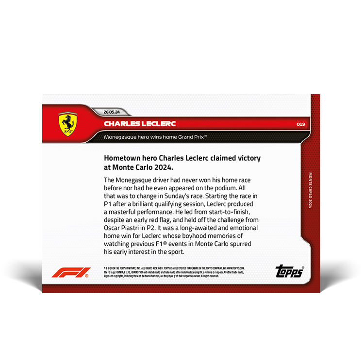 Charles Leclerc - 2024 F1 Topps NOW® #19 Monaco GP 首度主場贏車卡｜PR 6,167