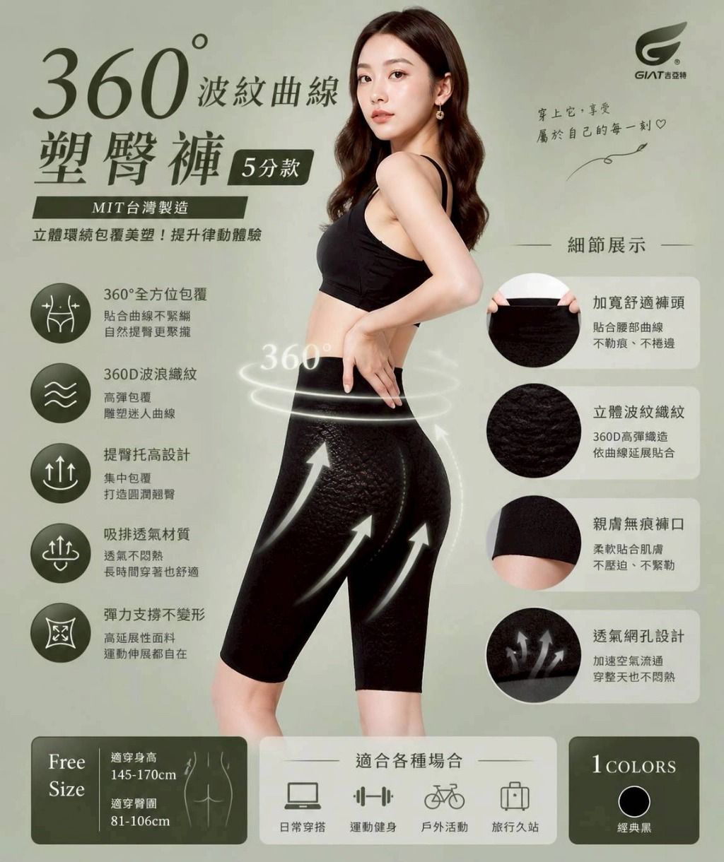$51條.2條起$41條.2026台灣製GIAT.360D 波紋曲線塑臀褲-5分款