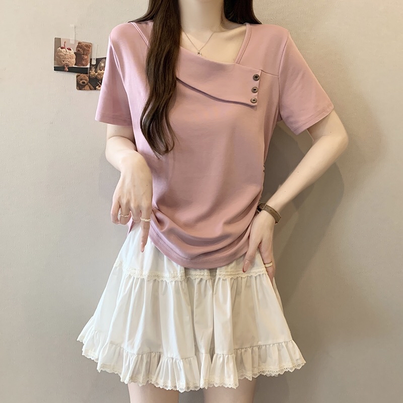 B461(36885) 韩版斜领折角边三小钮腰边束带4色上衣