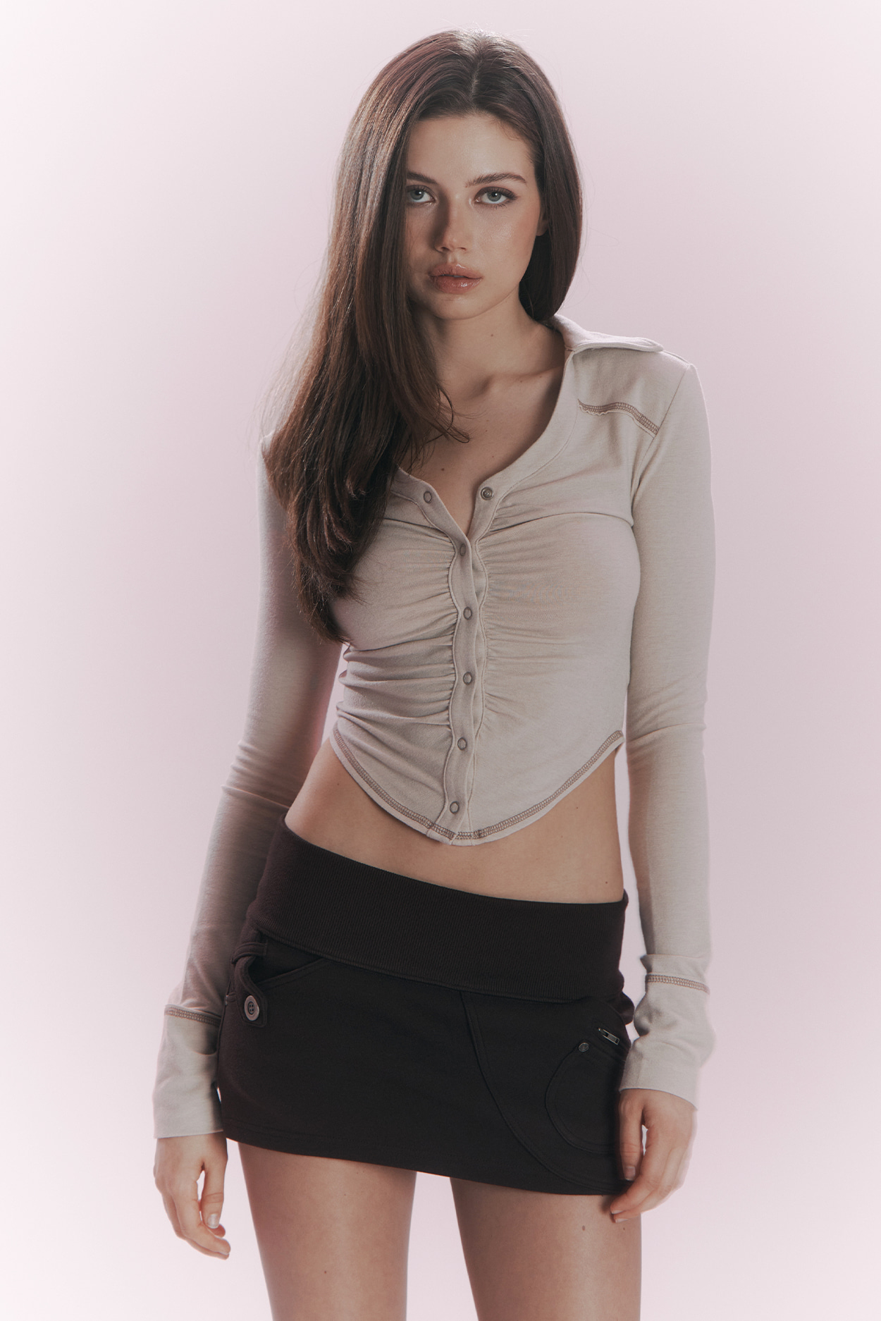 pleaseNOFOLLOW - Mamie Snap Button Slim Shirts (Sand)