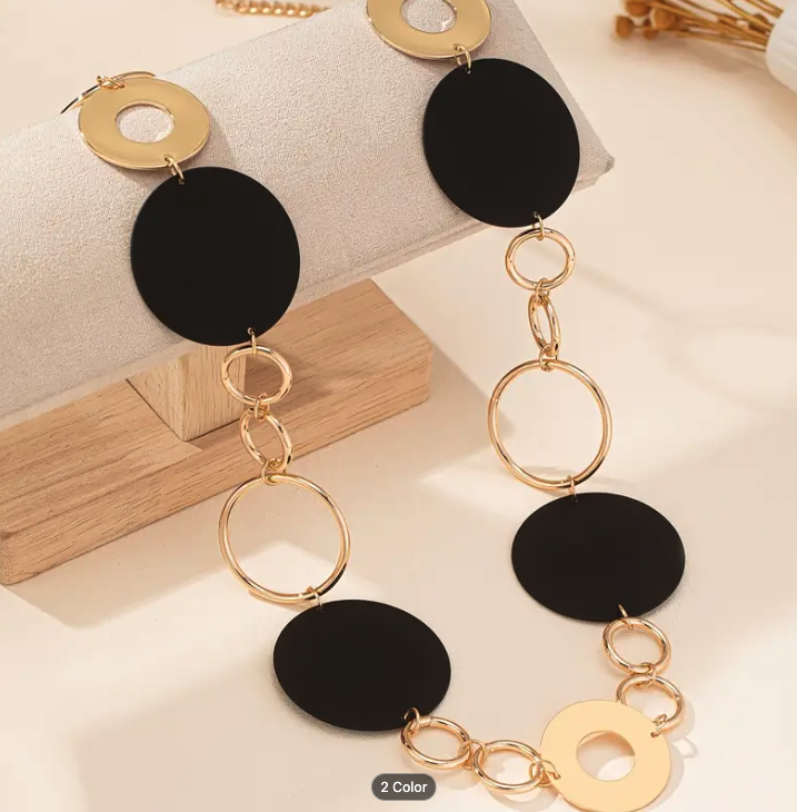 Long Layered Necklace with Golden-Tone Circles with Red/Black Circles